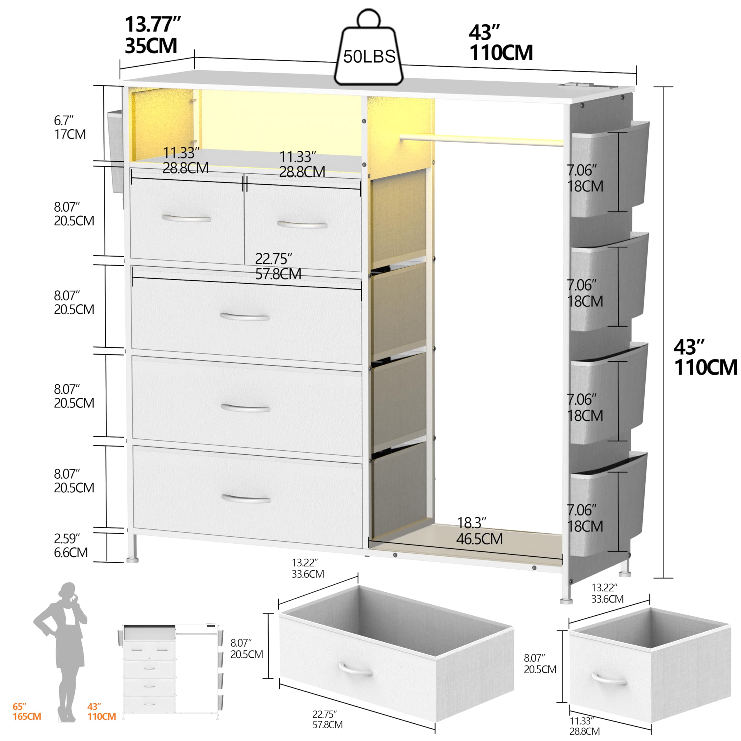 Trironsun Cómoda con 5 cajones con barra para ropa, iluminación LED y estación de carga - Mueble de almacenamiento con bolsillos laterales y bandeja de madera para dormitorio, pasillo o habitación