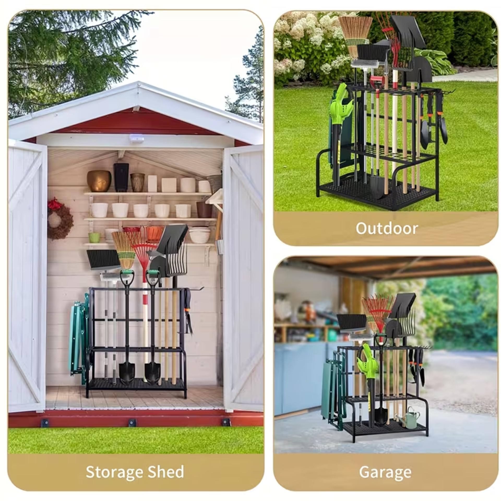 Organizador de herramientas de jardín con 74 ranuras, soporte de metal para herramientas con ganchos | Almacenamiento de garaje resistente para pared y cobertizo, ideal para dispositivos de mango largo, escobas, rastrillos