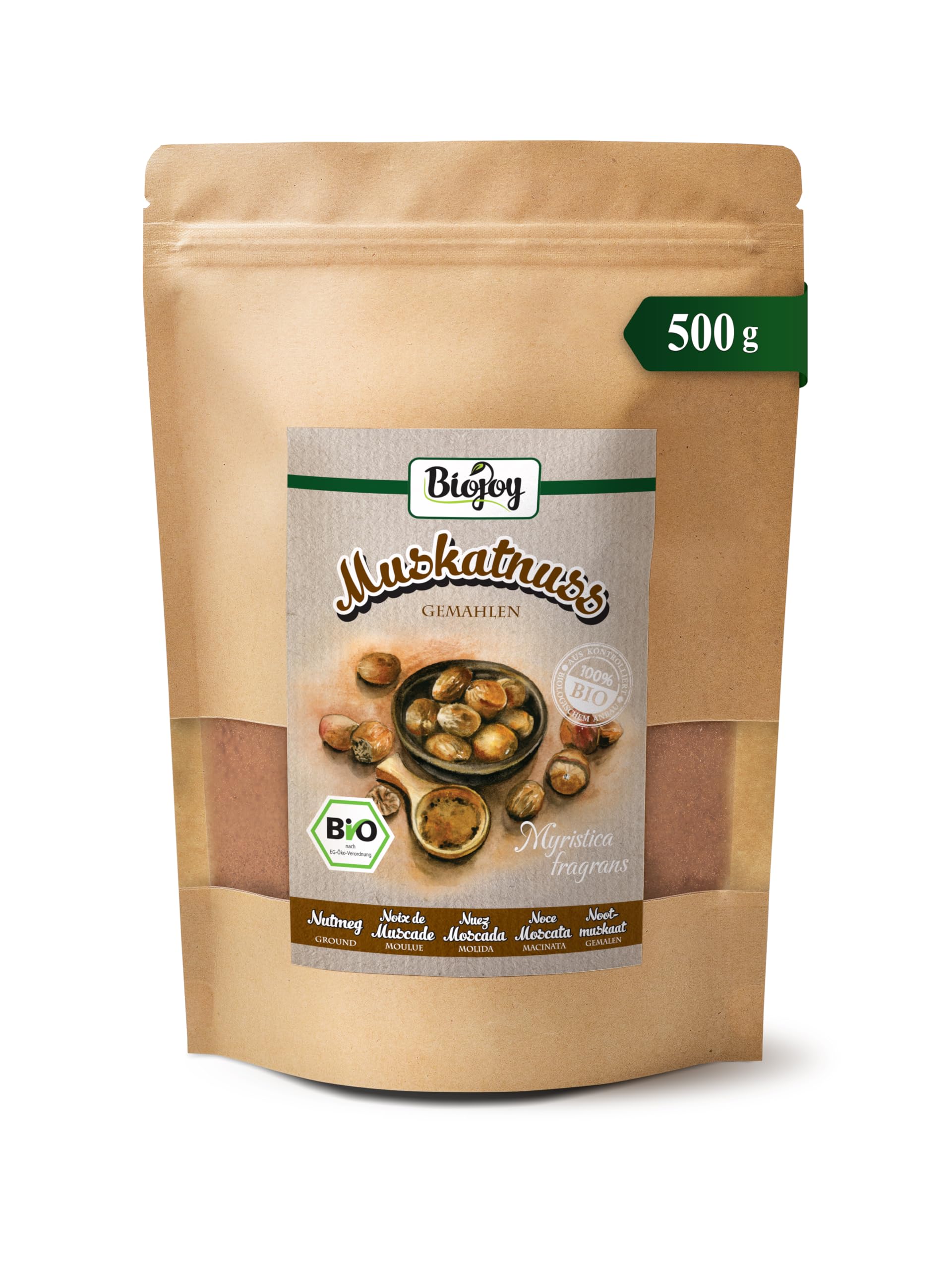 Biojoy Noce Moscata in Polvere BIO (500 g), Noce Moscata macinata, Spezia cruda e naturale (Myristica fragrans)