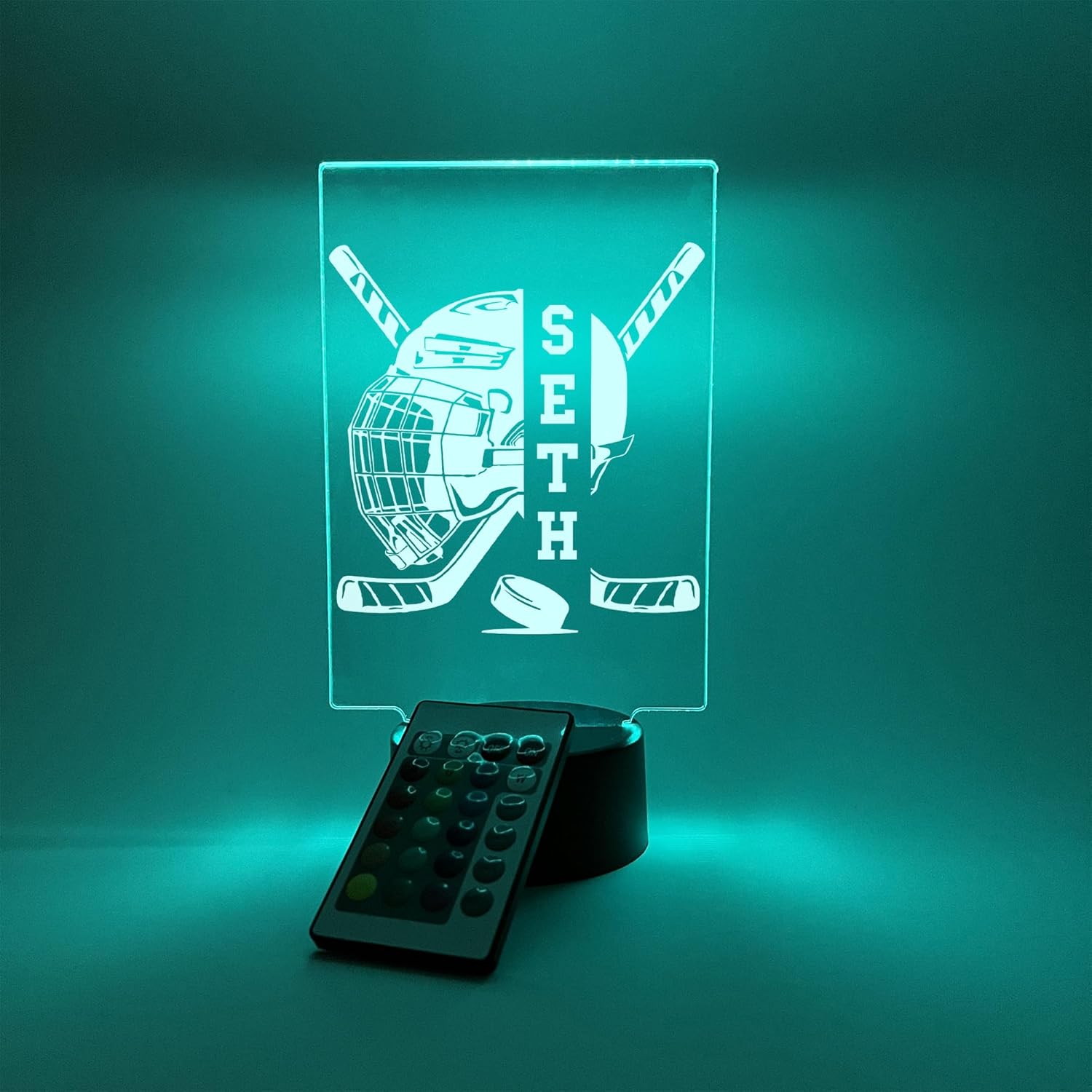 Ice Hockey Field Hockey Sticks Helmet Player Fan Name Night Light Up Desk Table Lamp Kids Bedroom Decor LED Personalized Custom & Remote 16 Colors Birthday Christmas Gift Idea For Boys & Girls
