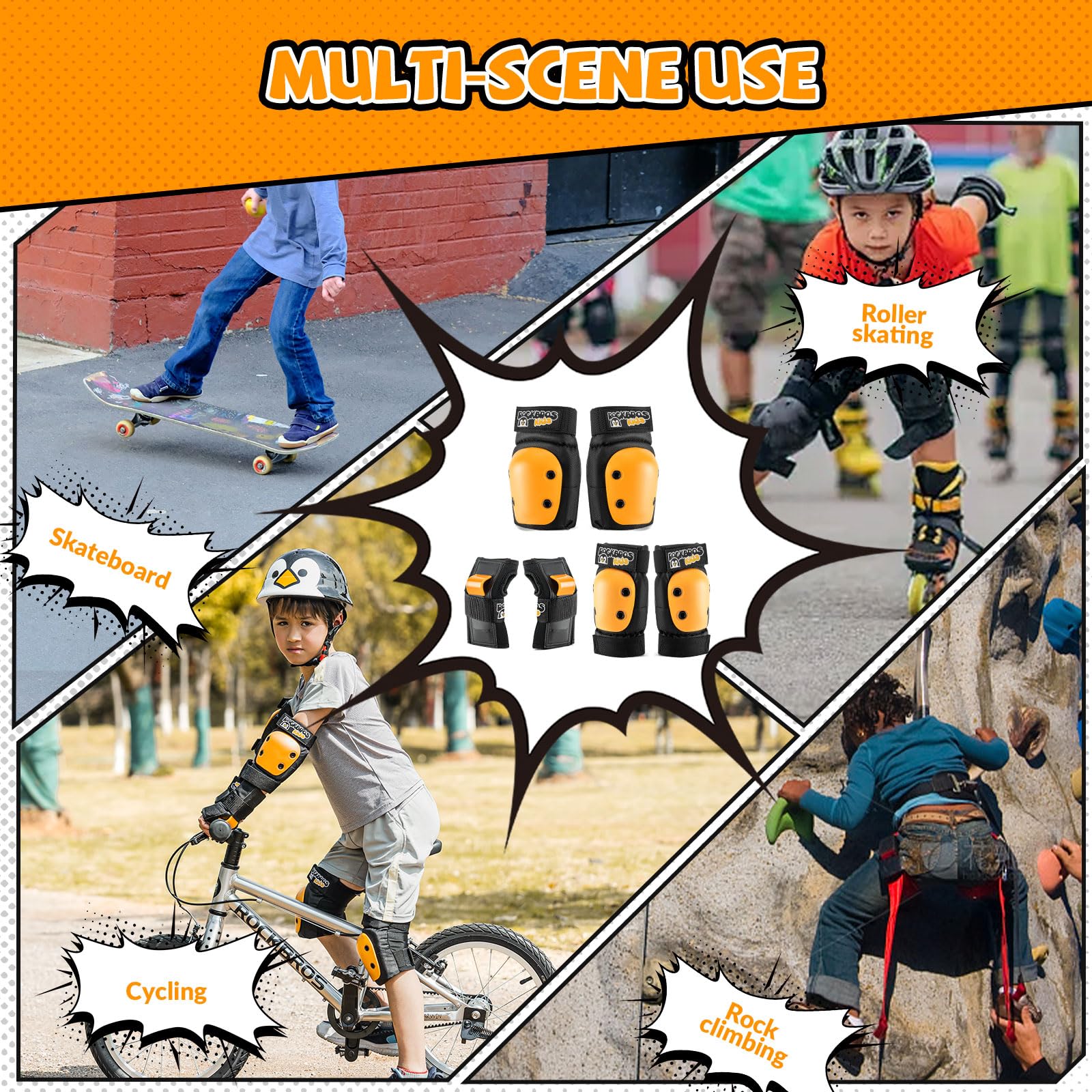 ROCKBROS Protezioni Set Bambini, Protezione Skateboard Bambini, 3 in 1 Protezioni Pattini, Ginocchiere Gomitiere Polsiere, Sicurezza Set per Ciclismo, Pattinaggio, Monopattino, Scooter