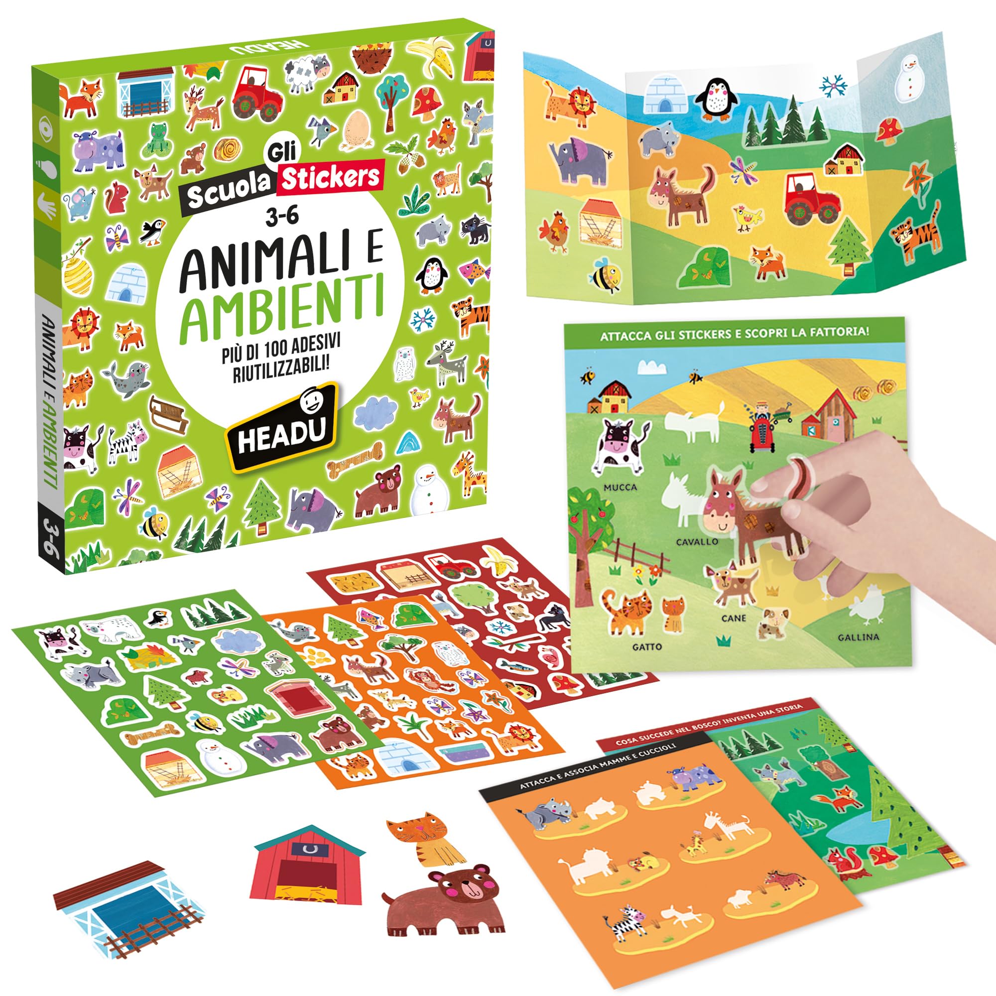 Blocco Attività Con Adesivi Riutilizzabili – 5 Scene (Oceano, Fattoria, Foresta), 270 Adesivi, 5 Pagine Da Colorare, Per Bambini 3+