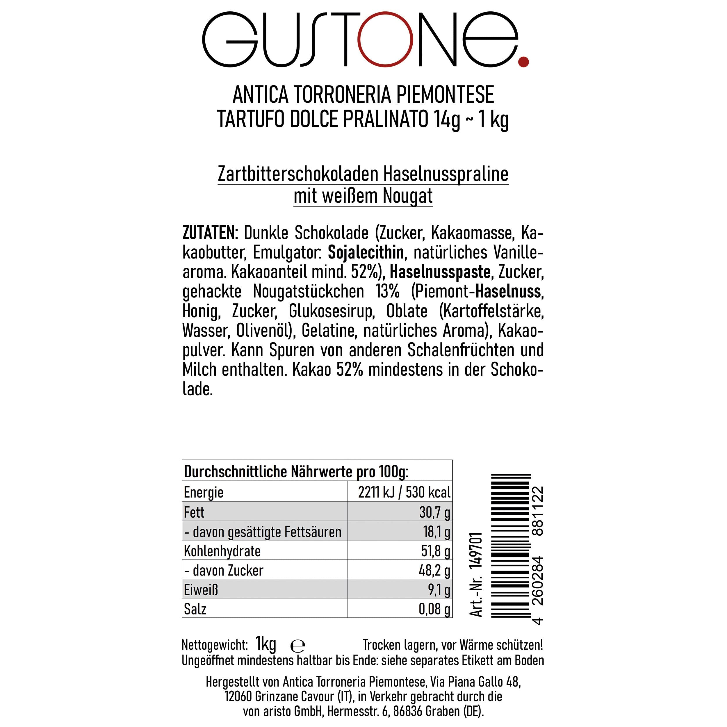 GUSTONE. Tartufi dolci pralinato | 70 Stück je 14g | Antica Torroneria Piemontese | Trüffel-Praline Zartbitterschokolade und Torrone Stückchen | 1kg Großpackung als Geschenk