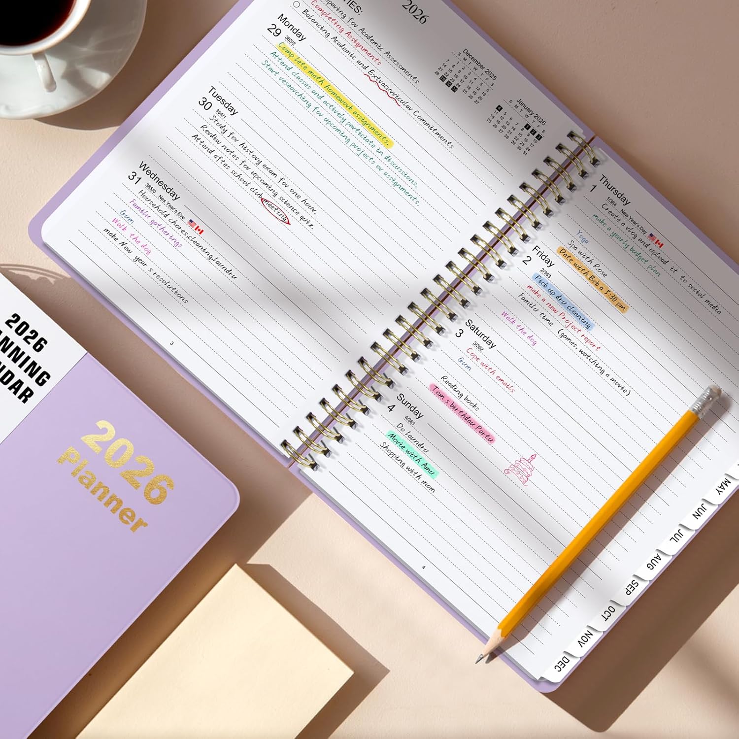 timart 2026 planner, weekly and monthly planner, january 2026 - december 2026 agenda book, hardcover 2026 calendar planner book with tabs, inner pocket for women, perfect for office school home supplies, a5 (6.3" x 8.5")-purple purple 6.3" x 8.5"