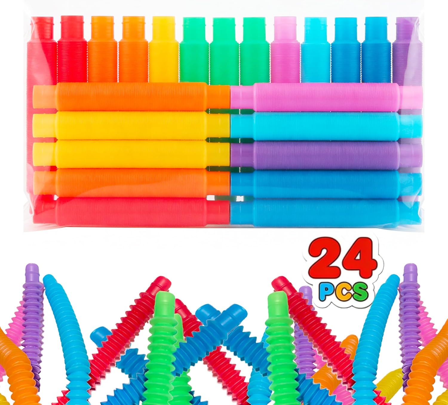 24 Pack Pop Tubes,Fidget Toys Bulk for Kids 8-12, Sensory Toys Party Favors Classroom Prizes Gifts,Birthday Goodie Bag Stuffers,Toddler Party Favors for 3 4 5 6 7 8 Year Old Boys Girls-8 Colors