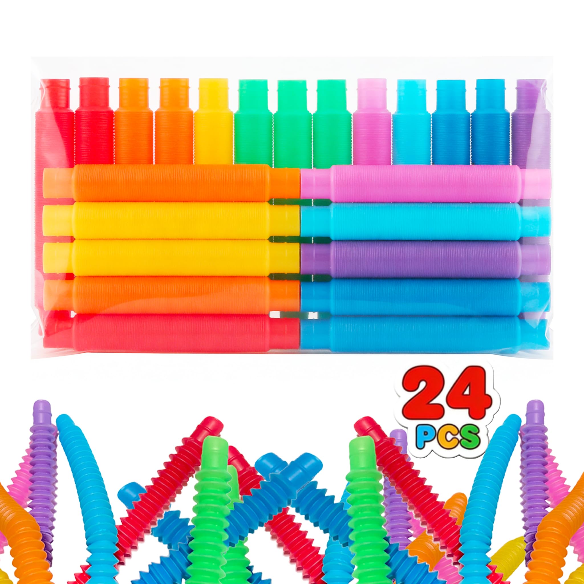 24 Pack Pop Tubes,Fidget Toys Bulk for Kids 8-12, Sensory Toys Party Favors Classroom Prizes Gifts,Birthday Goodie Bag Stuffers,Toddler Party Favors for 3 4 5 6 7 8 Year Old Boys Girls-8 Colors