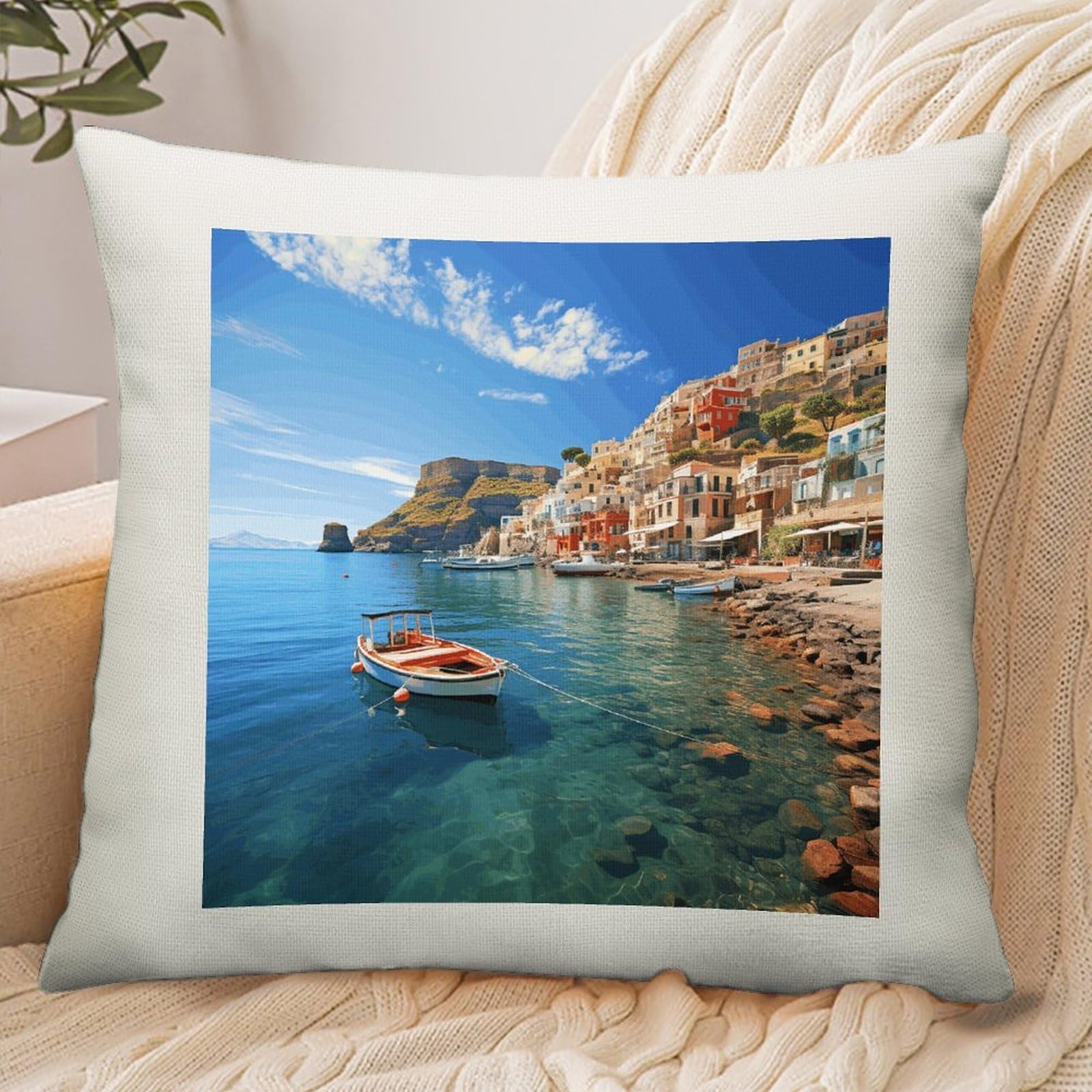 Adfgyerh Style Seaside Town Pillow Cover Breathable,Pillowcases Boho Decorative Envelope Closure,Throw Pillow Covers For Beach,Patio,Balcony,Couch Living Room 18 * 18In