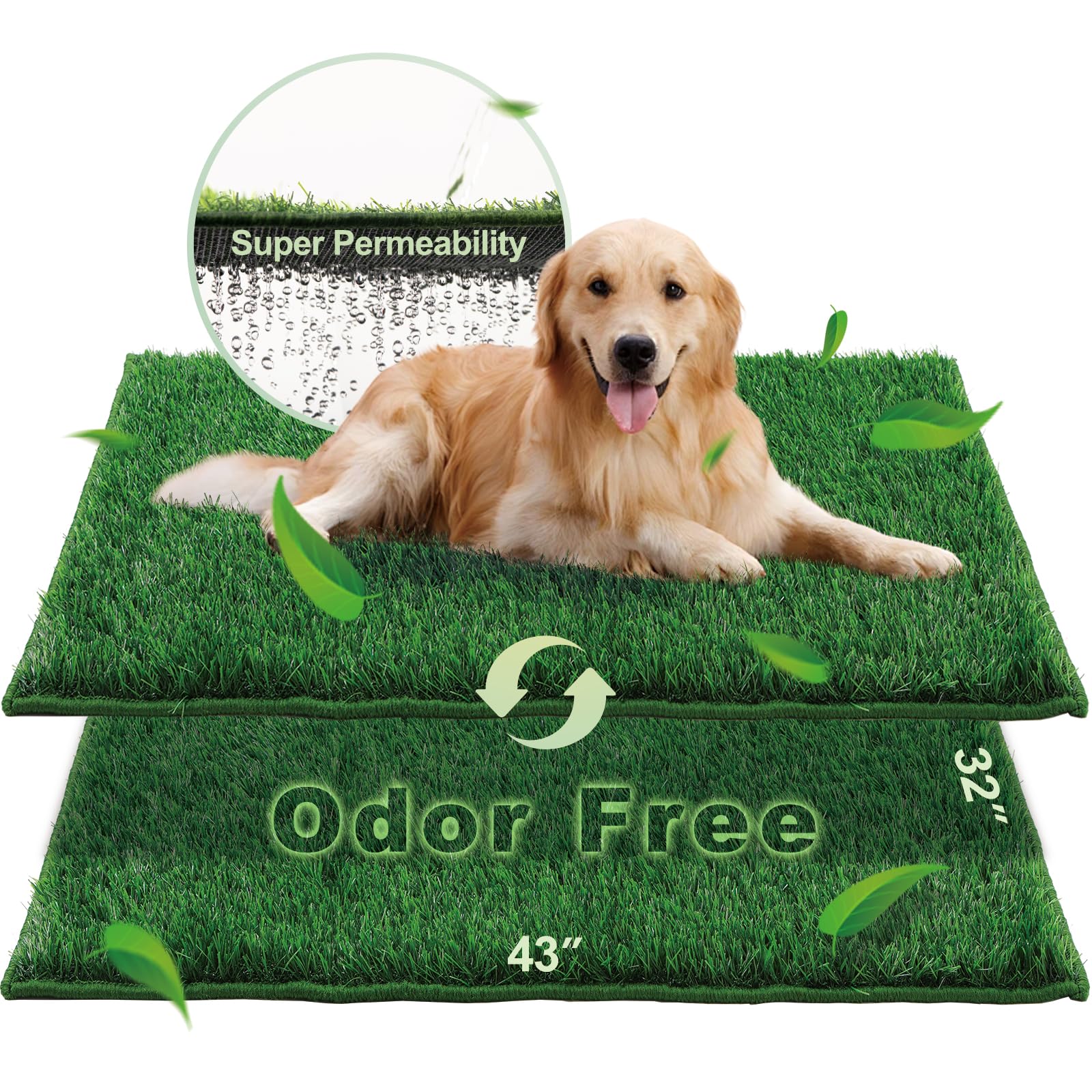 HQ4US 4LEGS Artificial Grass, Dog Pee Grass Pads for Dogs Potty, 2PCS Odor Free Fake Grass for Dogs X-Large 43”×32” with Countless Drainage Holes, Dog