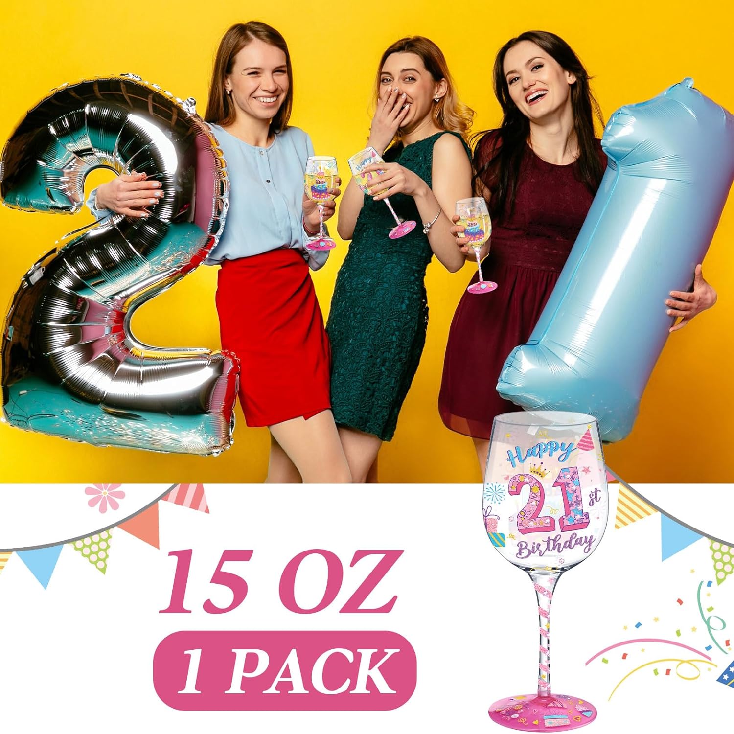 Hand Painted Wine Glass 21st Happy Birthday Cup 15 oz Personalised Birthday Gift for Him Women Friends Family(Pink) - Image 4