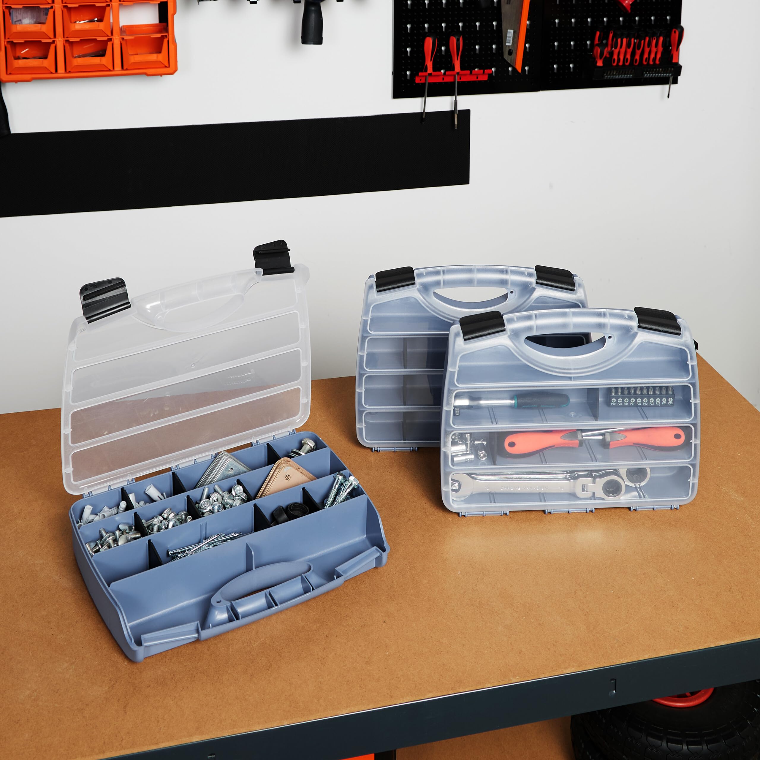 Relaxdays Set 3 Valigette Attrezzi, Scatola Organizer Vuota, Cassetta Porta Viti e Minuteria, 6x32x26 cm, Grigio Nero