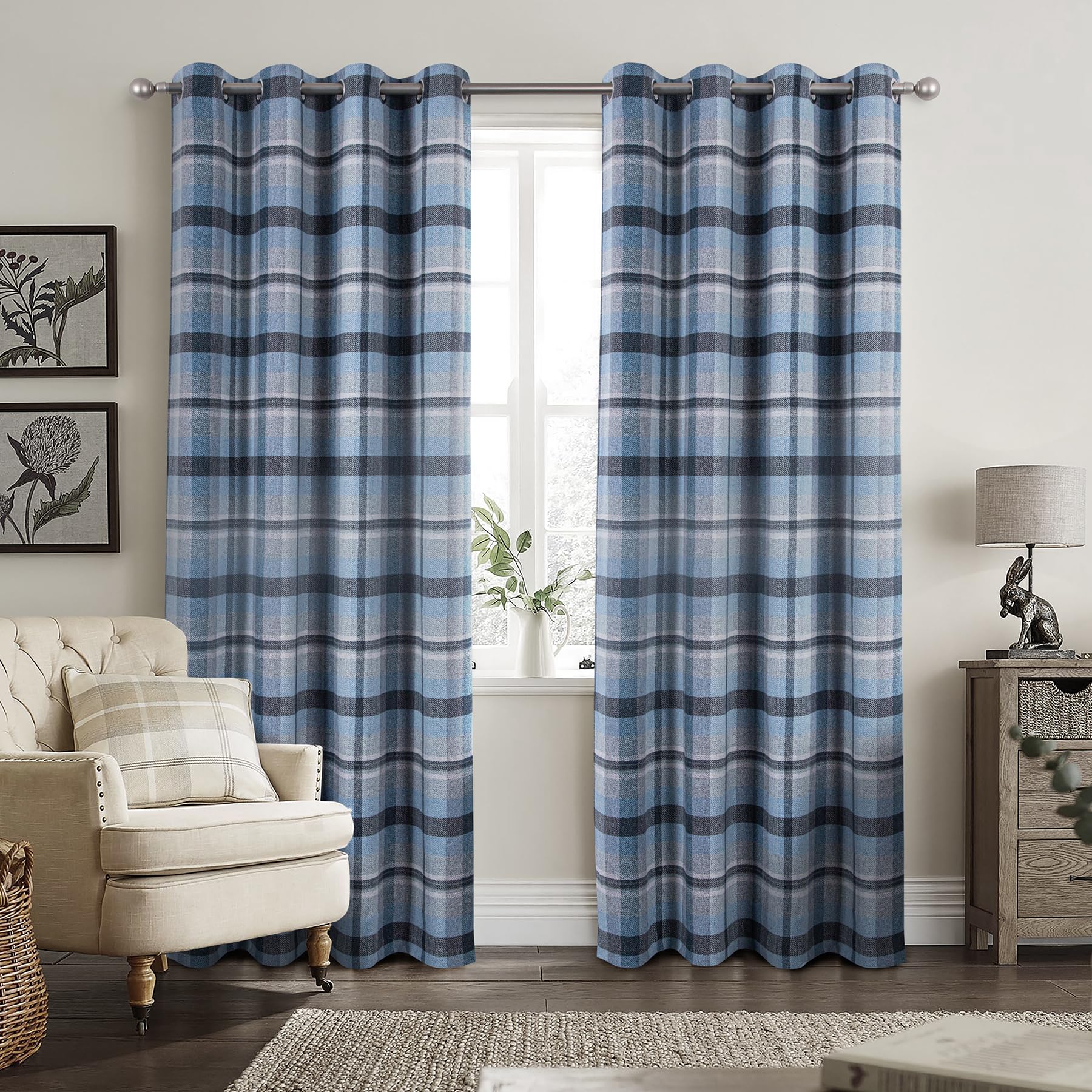 always4u Woolen Look Check Curtains 100% Blackout Highland Tartan Curtain for Living Room Bedroom Grommet Lined Window Drapes 2 Panels Light Blue 45 *