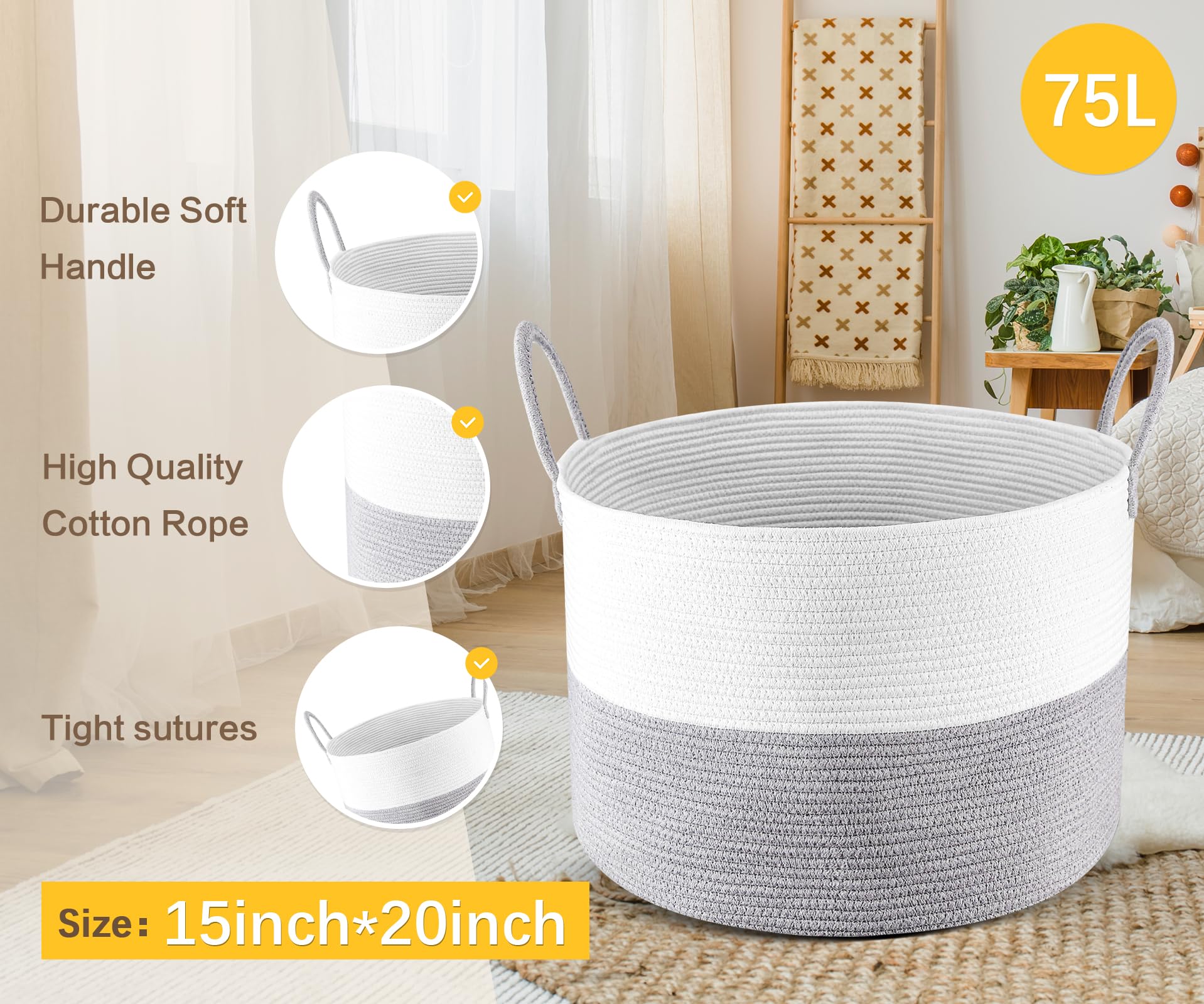 Housiney Laundry Basket with Handle, Decorative Blanket Basket for Living Room Toy Laundry Hamper, Baby Woven Storage Baskets Toy Storage Bins Organizer, Mix Grey White,1PCS