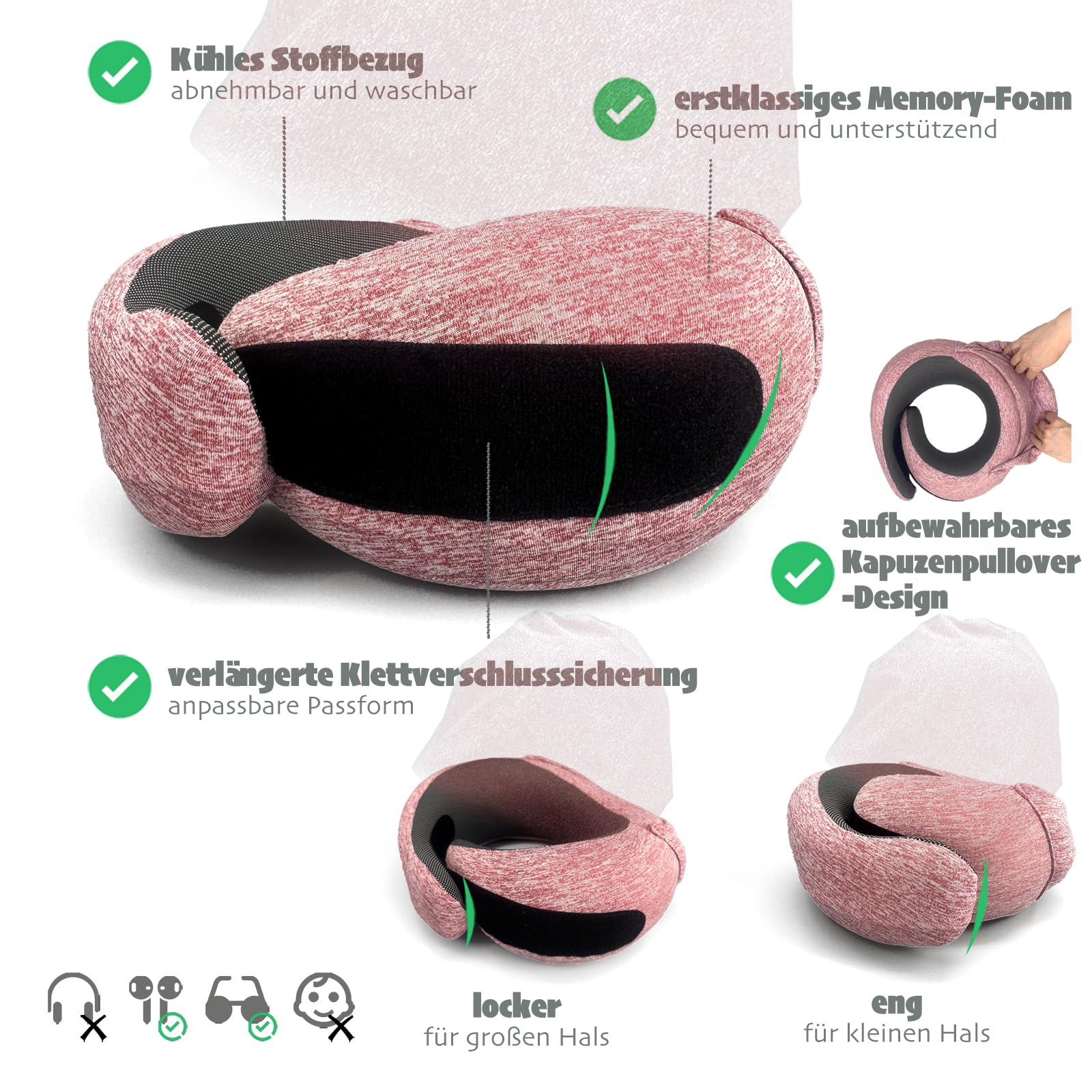 Almohada cervical de viaje ergonómica con capucha plegable, almohada cervical, espuma viscoelástica premium, diseño contorneado 360º, funda lavable, juego completo de viaje, para avión (rojo