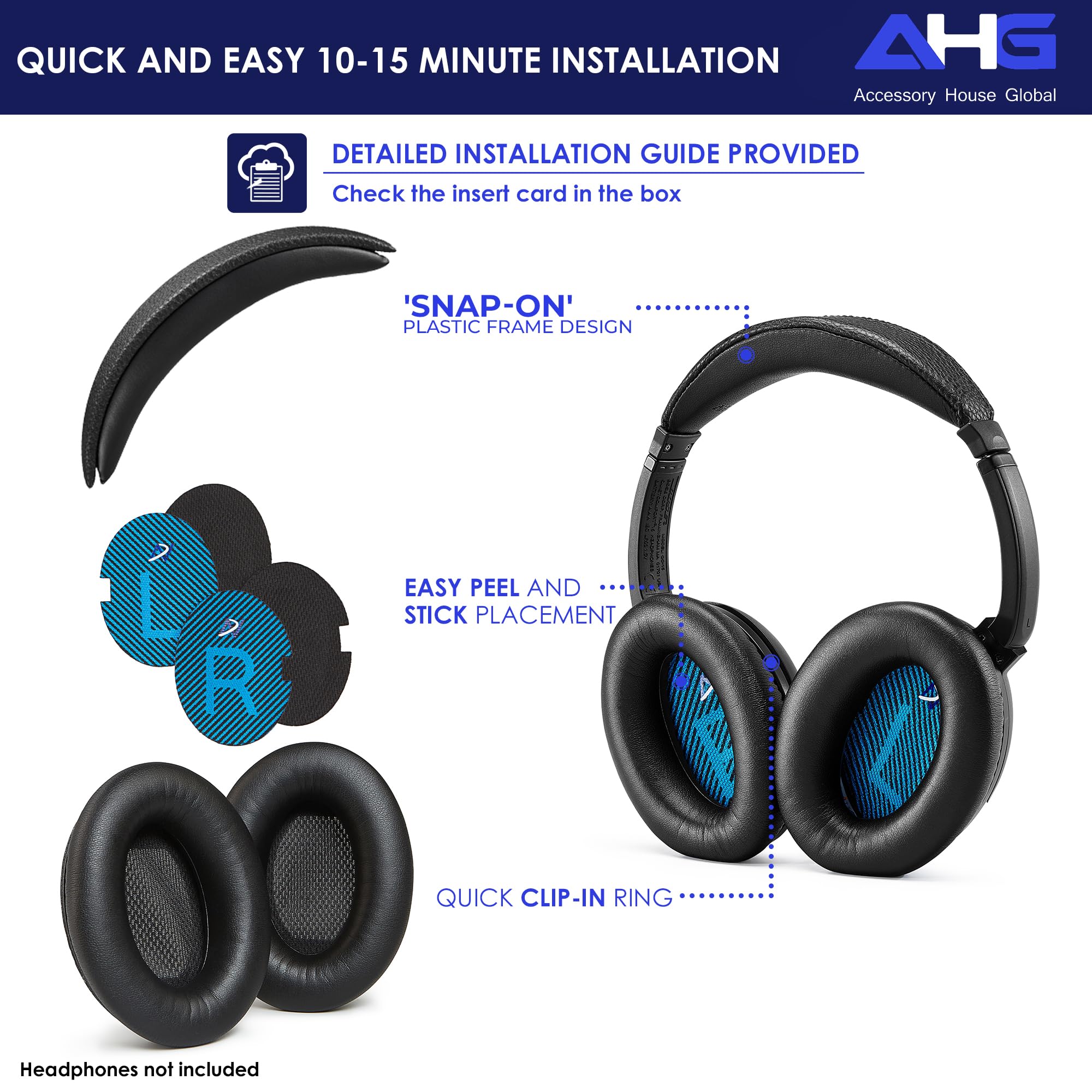 AHG Accessory House Global QC2 QC15 Ear Pads and QC2 QC15 Headband pad Cushion. Compatible with Bose QuietComfort 15 (QC15) and Bose QuietComfort 2 (QC2) Headphones. Easy DIY Fit/Extra Thick