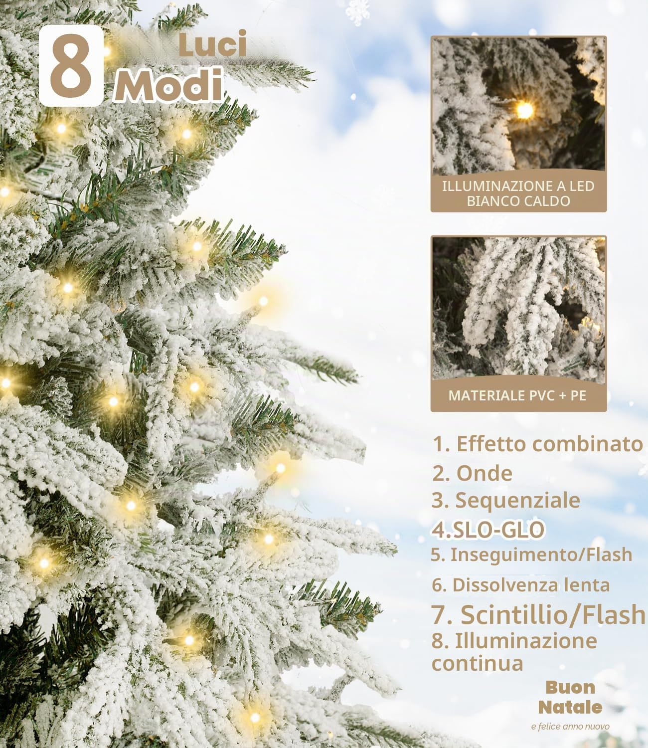 DEWUR Albero di Natale artificiale con illuminazione e neve, supporto in metallo (210cm)