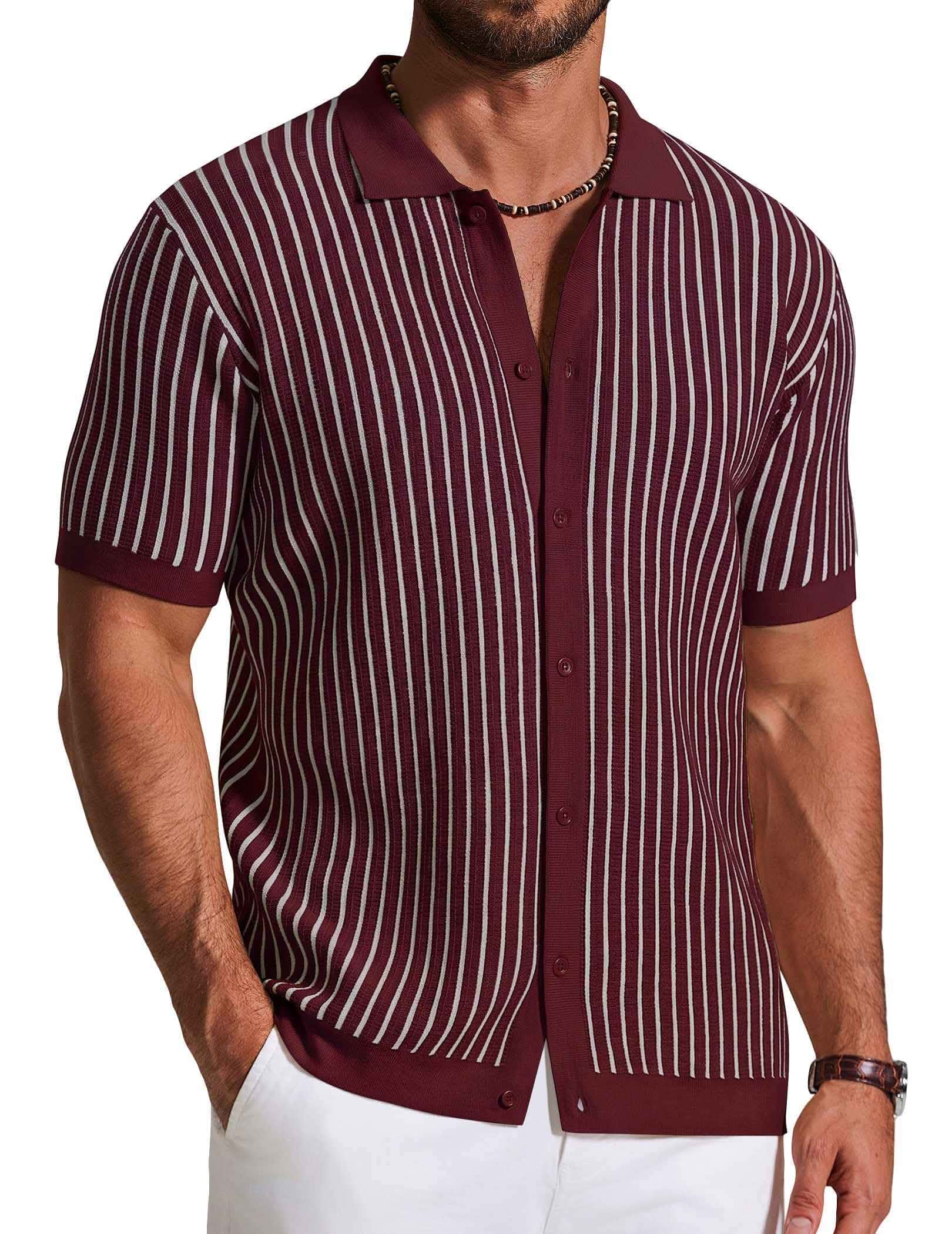 COOFANDY Mens Knit Button Down Shirts Short Sleeve Polo Shirt Vintage Striped Casual Shirts Striped