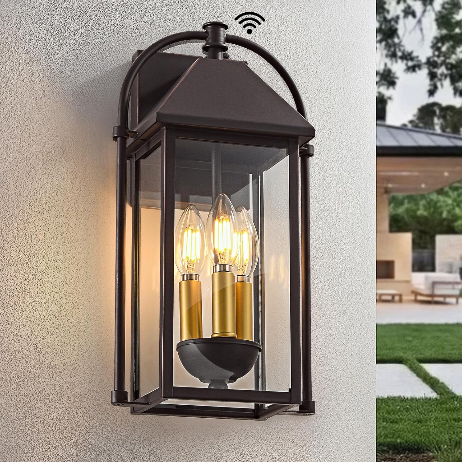 Dusk to Dawn 15.2" Outdoor Wall Light 3-Light Exterior Porch Light Fixtures Waterproof Outside Wall Sconce for House Porch Garage Patio Brown-15.2in