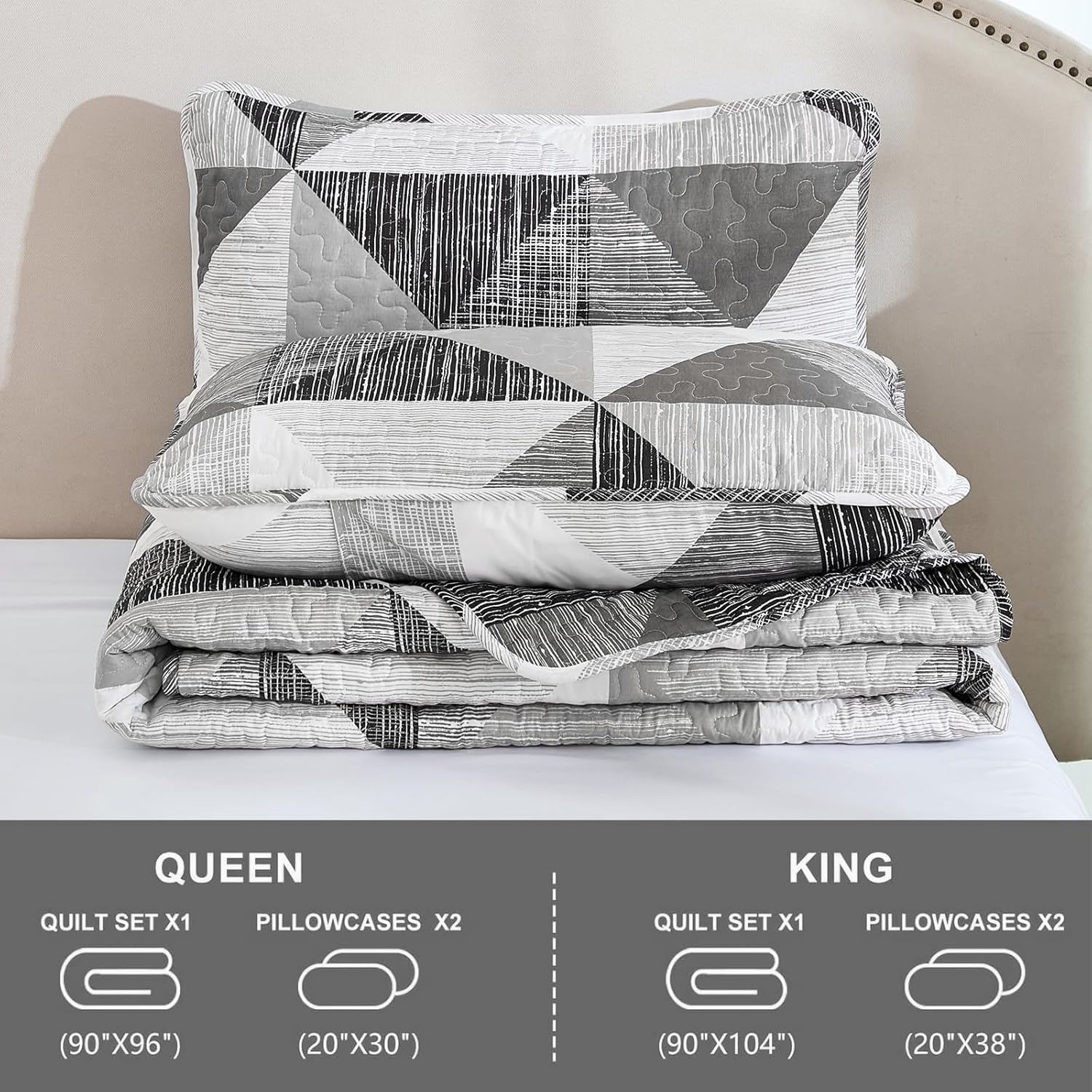 Dintszyayue Quilt Queen Size Grey, 3 Pieces Patchwork Bedspread Bedding for Queen Size Bed, Soft Lightweight Microfiber Geometric Coverlet Set for All Season Quilt with 2 Pillowcases - Image 7