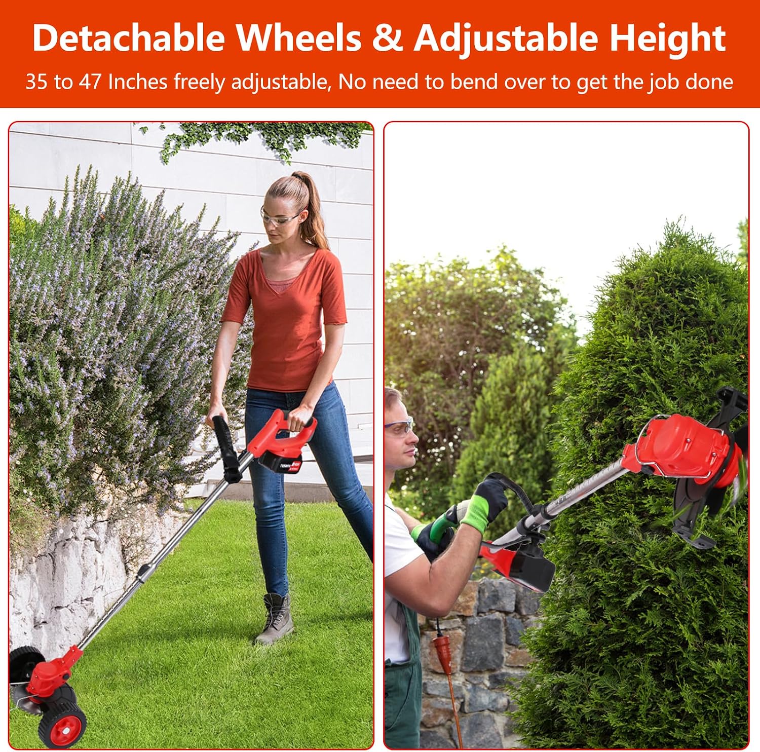 TeqHome Cordless Weed Wacker, Battery Powered Weed Eater 3 in 1 Stringless Grass Trimmer with 3 Types Blades and 2Pcs 2.5 Ah Battery, Adjustable Length for Yard Lawns Garden (25 Blades, Wheels)
