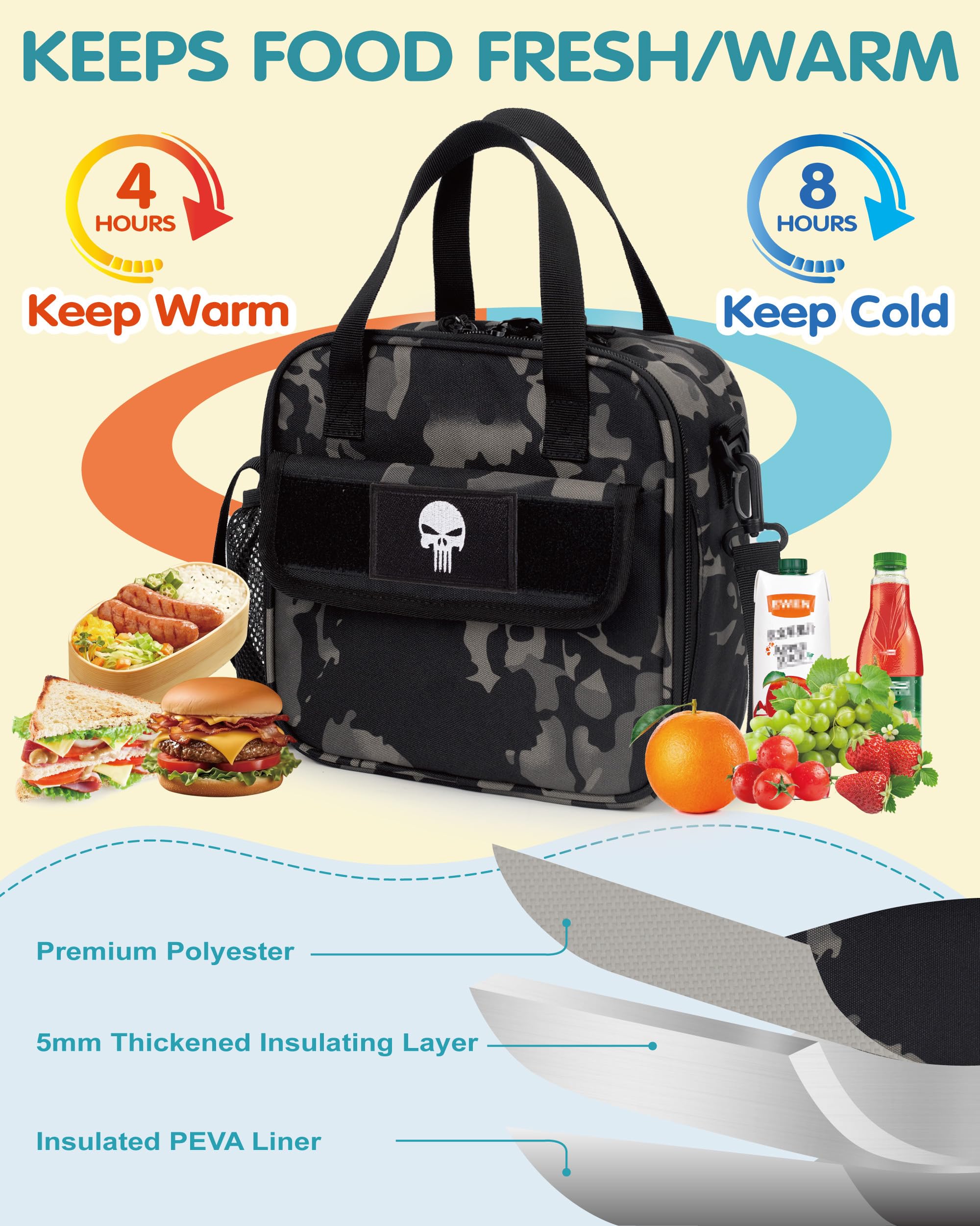 Lunch box tattica per ragazzi, borsa termica per bambini con tracolla e porta-bottiglia, piccola borsa frigo riutilizzabile e idrorepellente per scuola e asilo