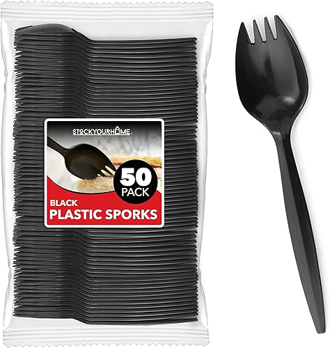 Sporks desechables (50 unidades) Porche de plástico negro, utensilios 2 en 1 sin BPA, cuchara de tenedor pesada para almuerzo escolar, picnic,