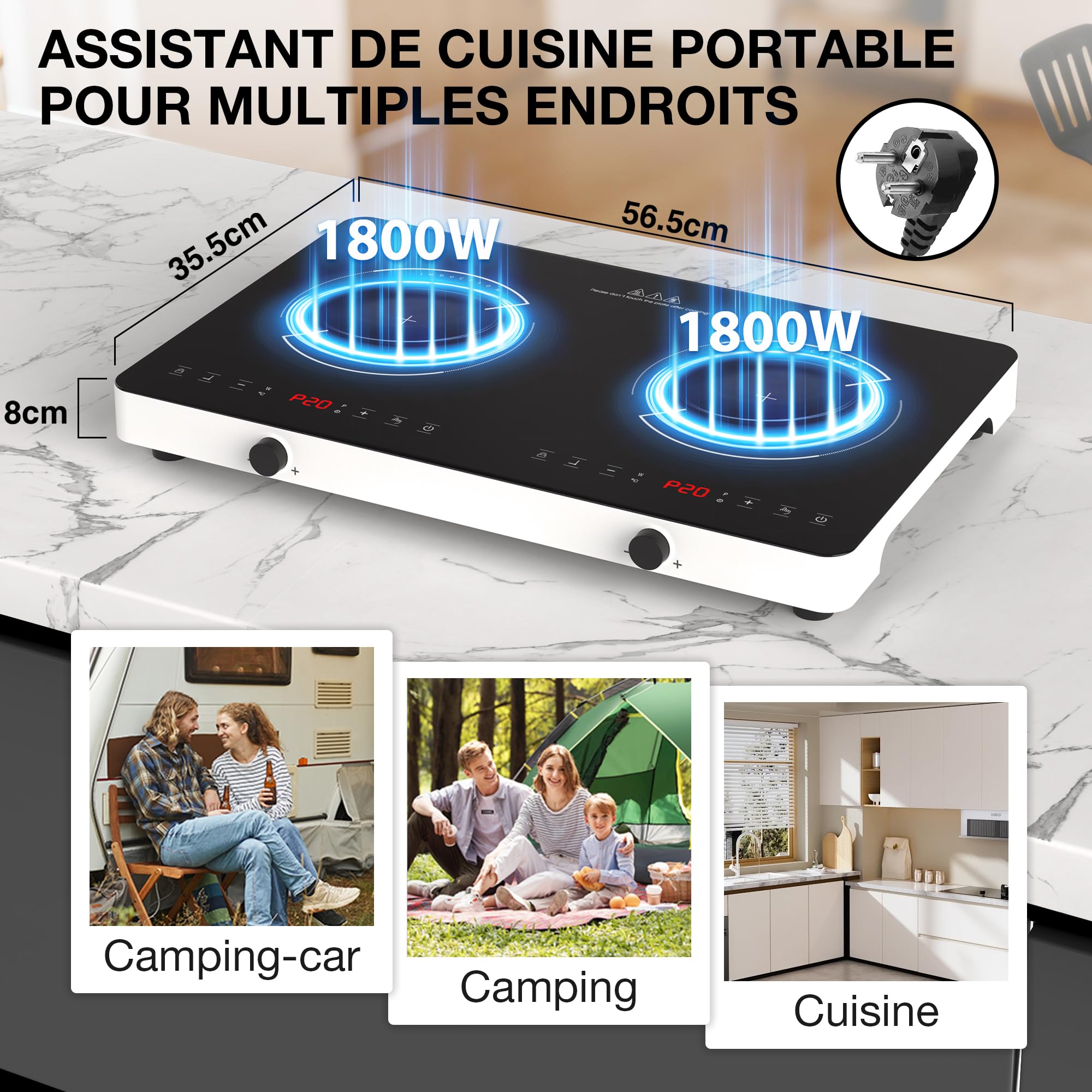 Induction Hob with 2 Burners 3600 W, 57 cm Electric Hob with Touch Control and Wheel Control, 20 Levels, Child Safety, Stove for Kitchen and Apartment