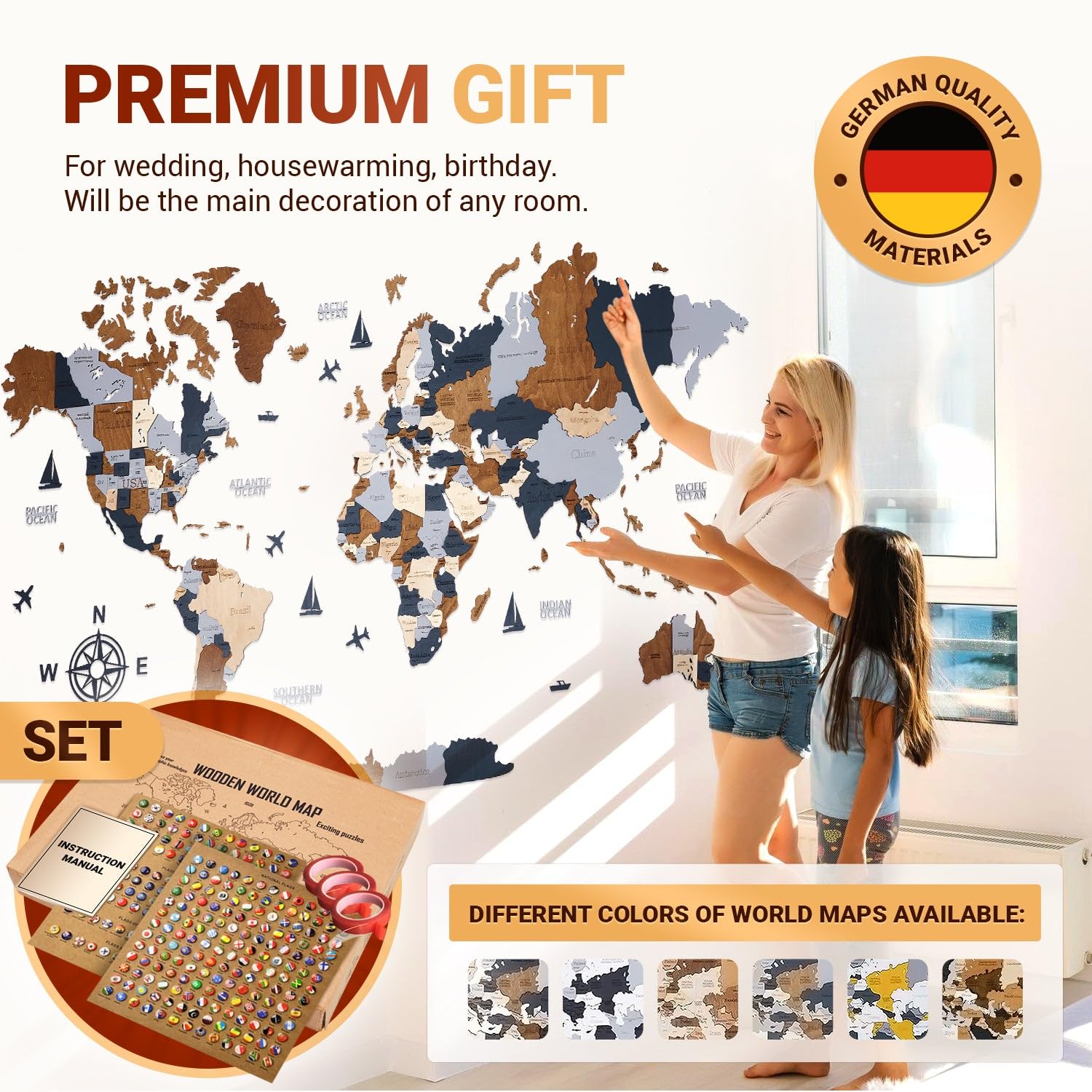 WOW WOOD Mappamondo in Legno in Inglese - 3D Scuro per lo Studio | Betulla multistrato, 324 pin con bandiere, 120x62 cm, tono espresso, montaggio adesivo, regalo aziendale che resta al muro