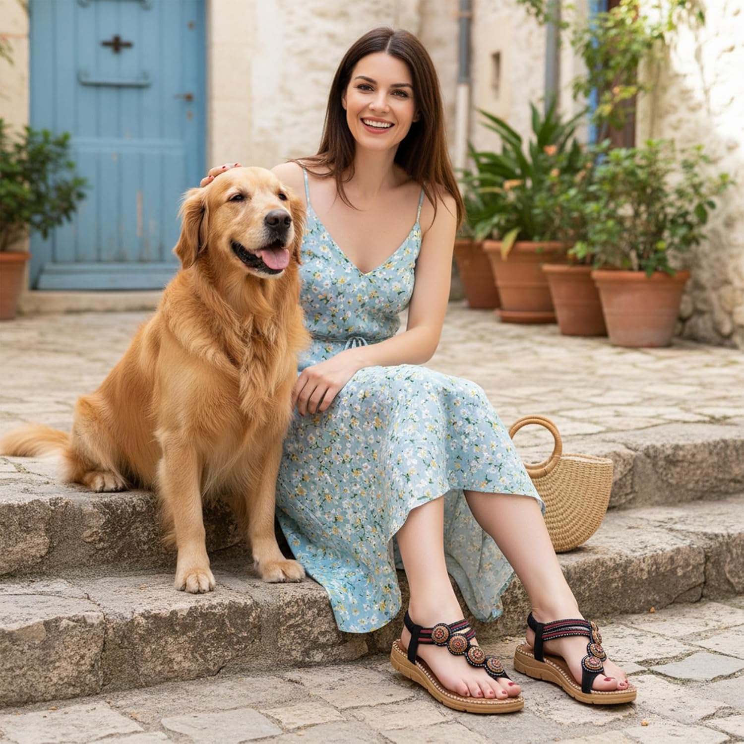HARENCE Flat Sandals for Women Comfortable: Dressy Summer Bohemian Beaded Toe Ring Shoes - Zero Foot Pain for Casual Walking