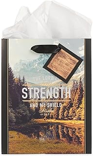 Christian Art Gifts Portrait Scenic Landscape & Valley Portrait Gift Bag w/Tag & Tissue Paper Set for Men & Women: The Lord is My Strength - Psalm 28:7 Bible Verse, Black & Gold Multicolor, Medium