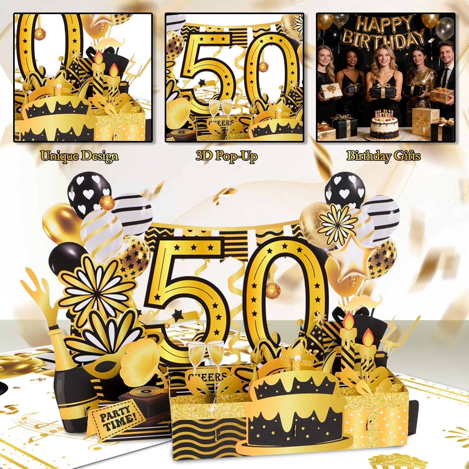50th Birthday Card for Men Women - Pop up 3D Funny Happy 50 Birthday Gifts for Him Her, Pop-Up Black Gold Back in 1976 Fifty Years Old Bday Greeting Card Supplies Decorations image 3