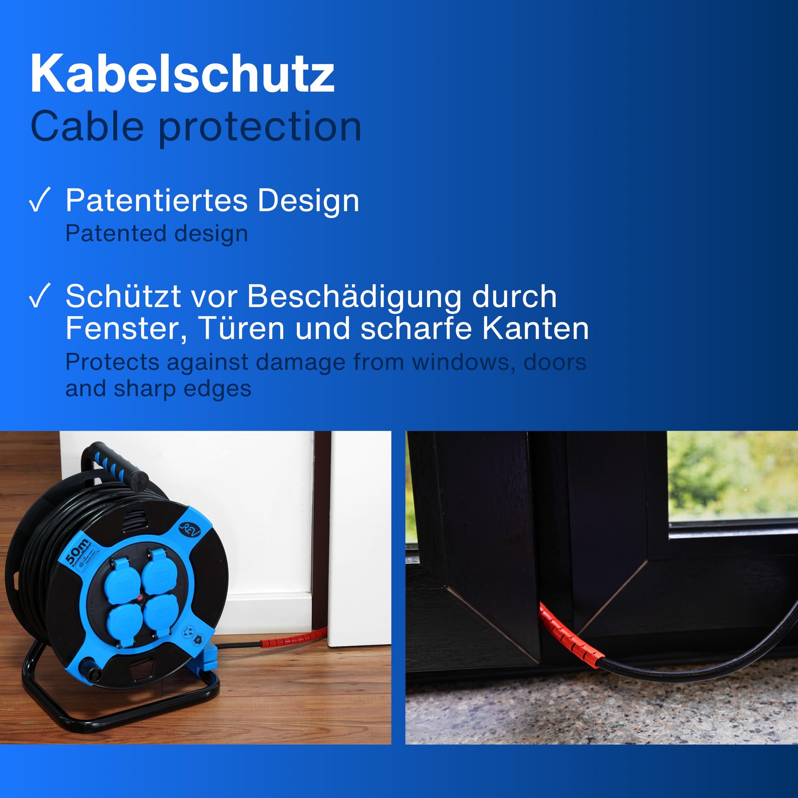 REV Kabeltrommel 50m Outdoor IP44 4 Schutzkontaktsteckdosen blau