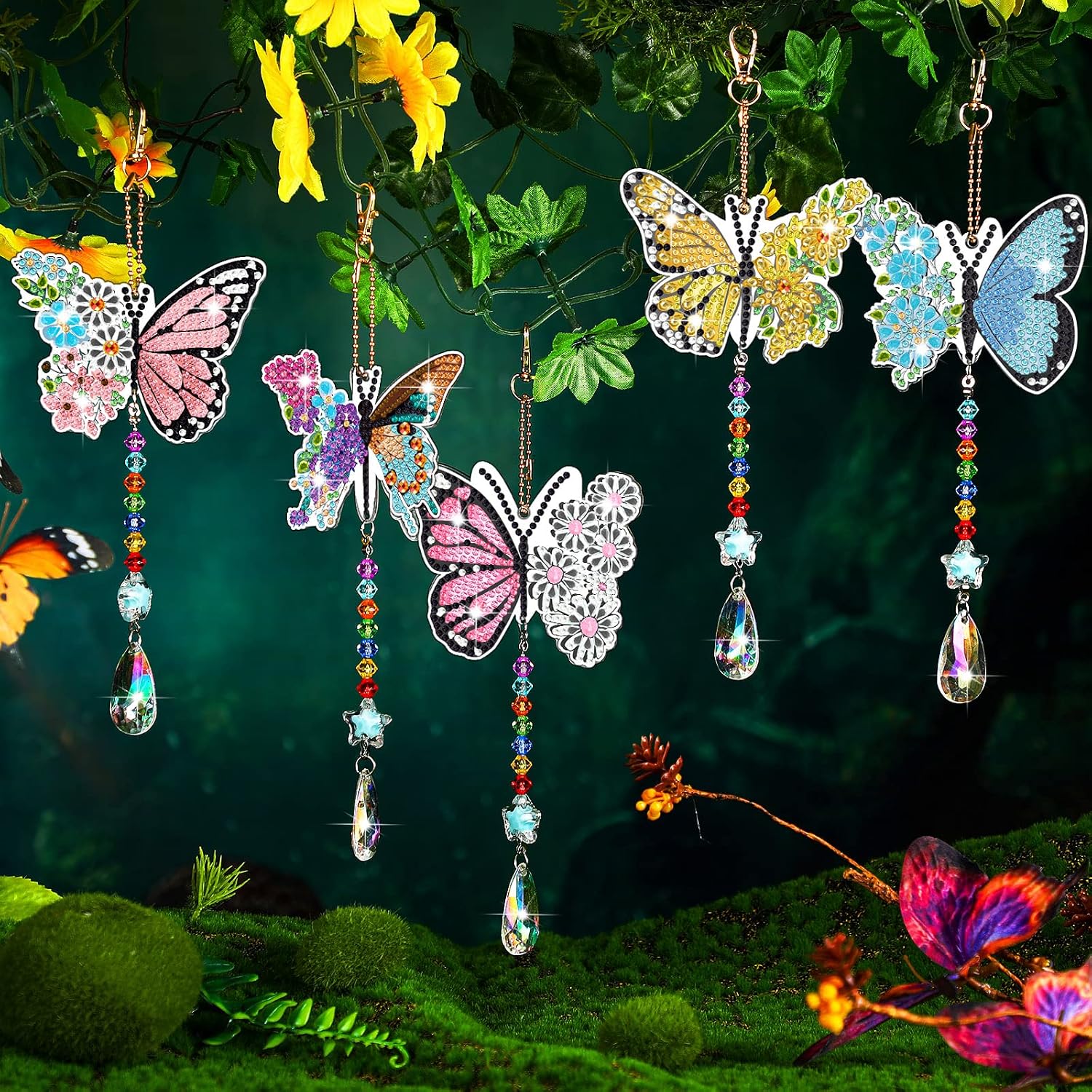 Tradder 6 Pcs Spring Butterfly Diamond Painting Wind Chimes Diamond Painting Suncatcher Art Kit Double Sided Butterfly Ornaments 5d Rhinestone for Spring Home Garden image 2