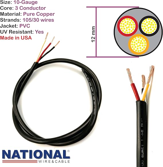NATIONAL Wire & Cable 10 AWG 3-Conductor Premium Copper Wire, 25 ft, Stranded | Made in USA, Heavy-Duty Flexible Jacket | Automotive, Solar, Battery, Indoor and Outdoor Use
