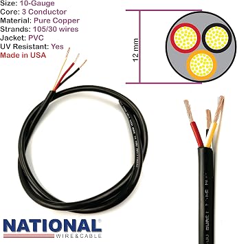 NATIONAL Wire & Cable 10 AWG 3-Conductor Premium Copper Wire, 25 ft, Stranded | Made in USA, Heavy-Duty Flexible Jacket | Automotive, Solar, Battery, Indoor and Outdoor Use