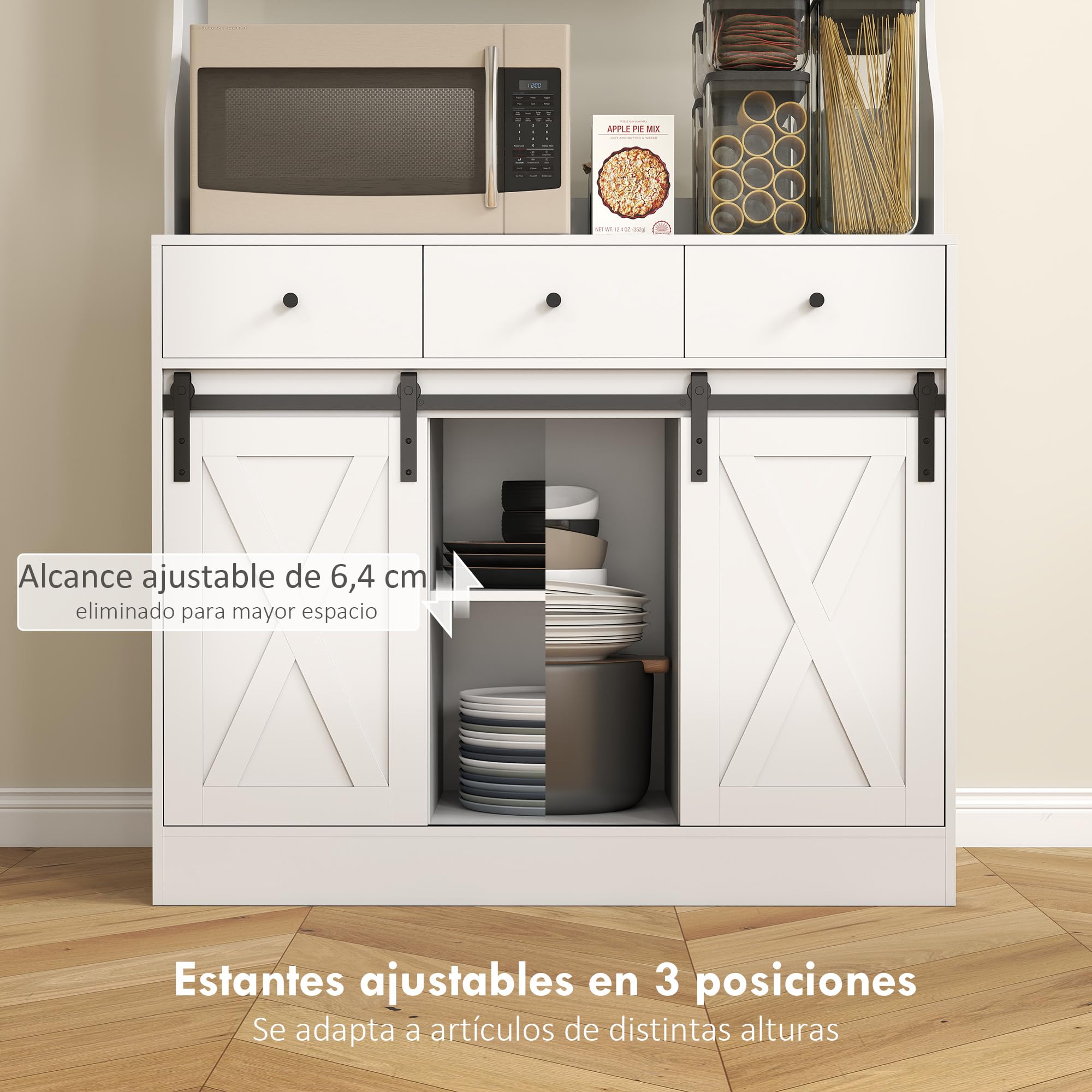 HOMCOM Alacena de Cocina Mueble Auxiliar con Encimera para Microondas, 2 Puertas Corredizas y 3 Cajones, Estantes Regulables, Estilo Granja, 93,5x40x180 cm Blanco