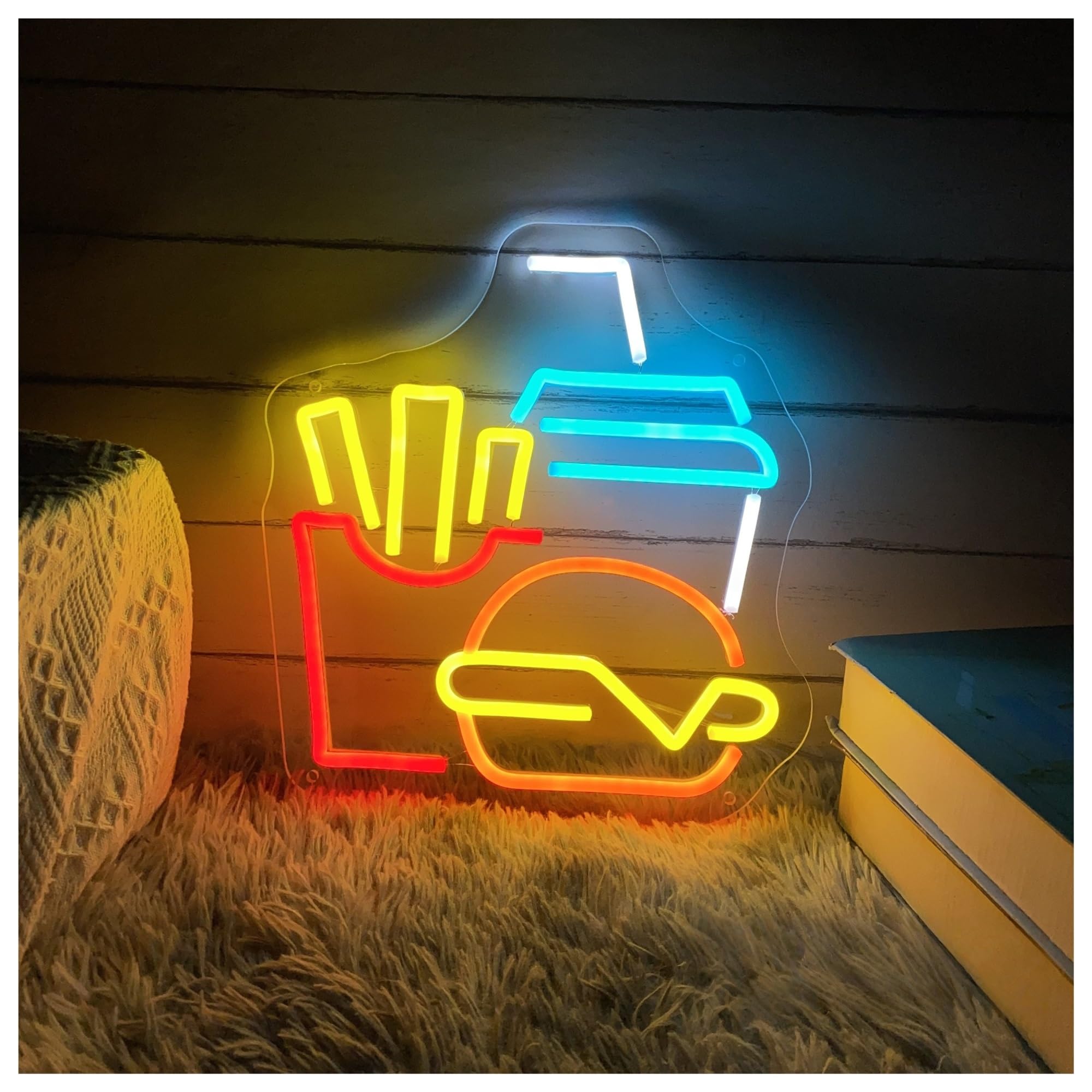 SHOUXI Sign Lamp Burger Fries Drinks Neon Sign, Night Light Home Wall Decor Street Fast Food Decoration 40cmx42cm(B)