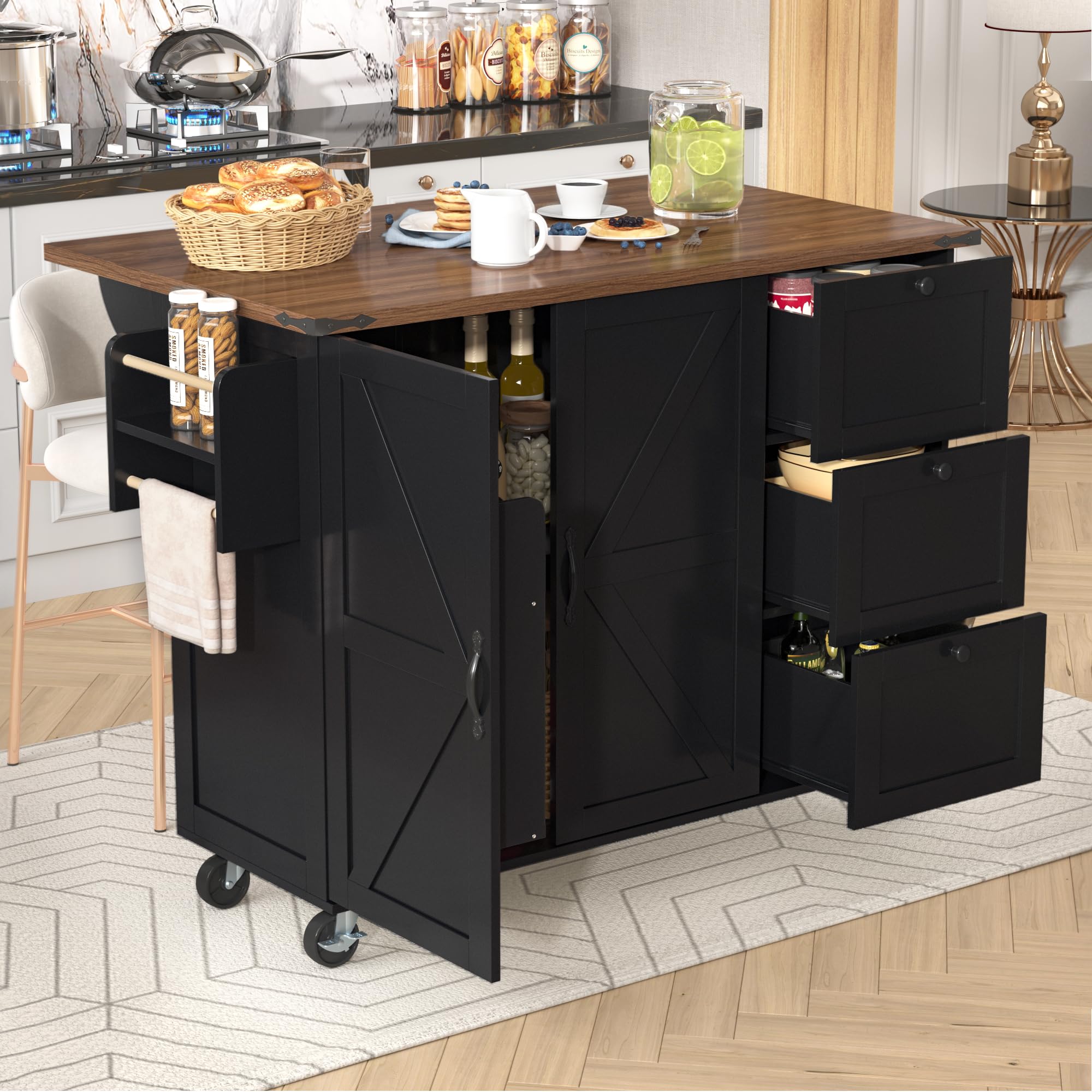 Isola da cucina, carrello da portata con piano di lavoro estraibile, mobile da cucina, carrello da cucina con venature del legno, carrello da pranzo con due ante e tre cassetti (nero)