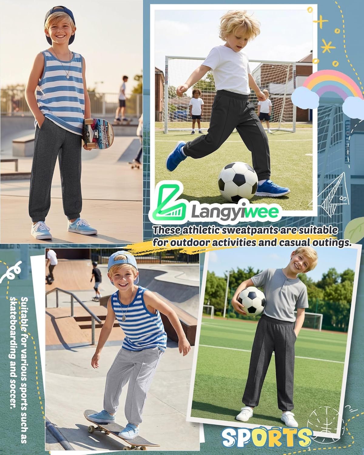 3 Pack Boys' Jogger Sweatpants Elastic High Waist Athletic Pants Casual Loose Active Joggers with Pockets
