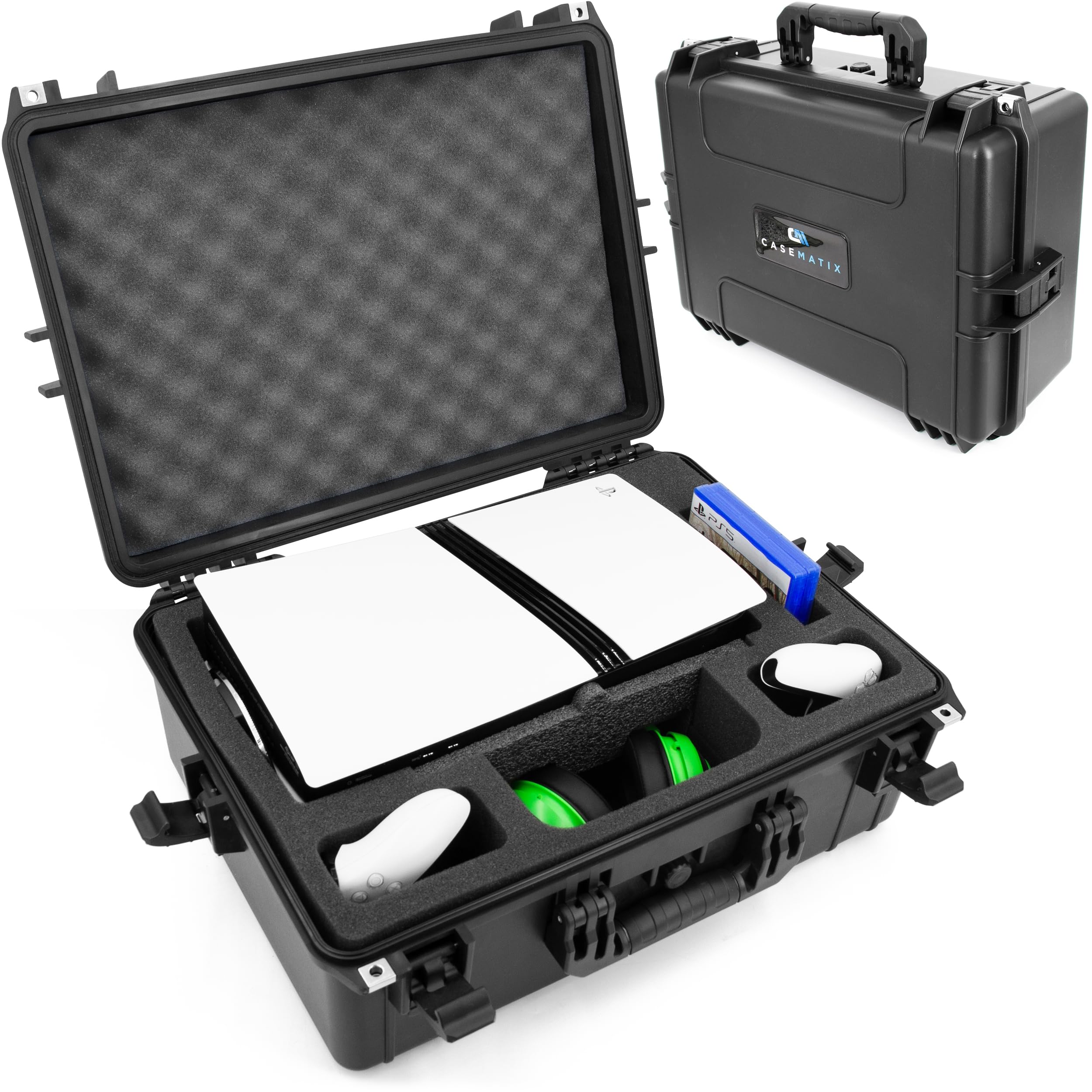 CASEMATIX Travel Case Compatible With PlayStation 5 Pro & PS5 Pro Disc Drive - Hard Shell Waterproof Case with Custom Foam for Console, Pro Controllers, Stand, Headset, Games & Accessories (Gray Lid) Gray Lid Foam