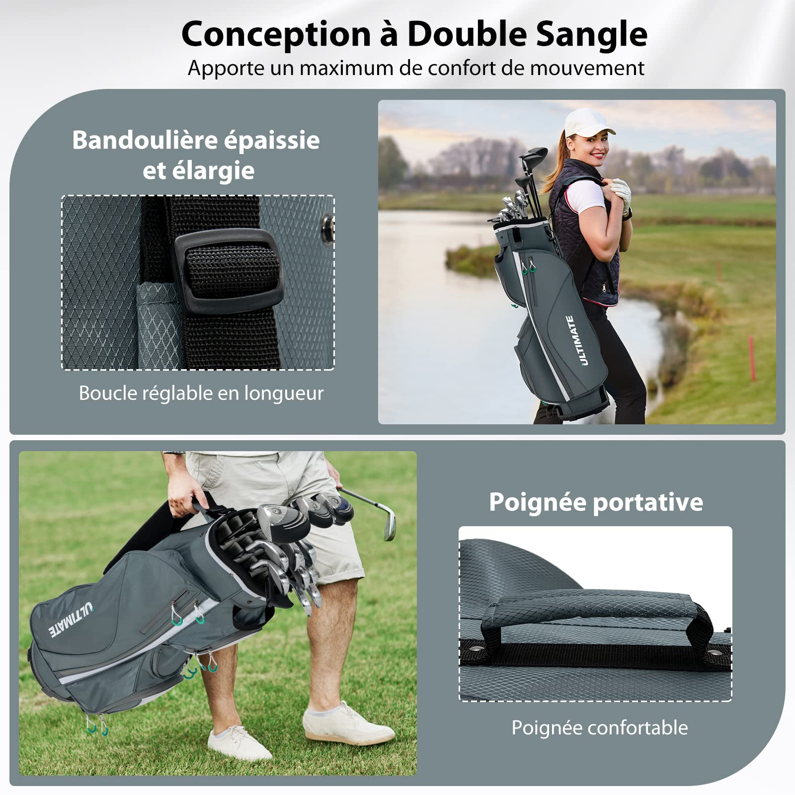 COSTWAY Sac de Golf Chariot Portable pour 14 Clubs avec 7 Poches Zippées et Capuche Anti-Pluie Bandoulière Poignée en PVC et Porte-Ombrelle