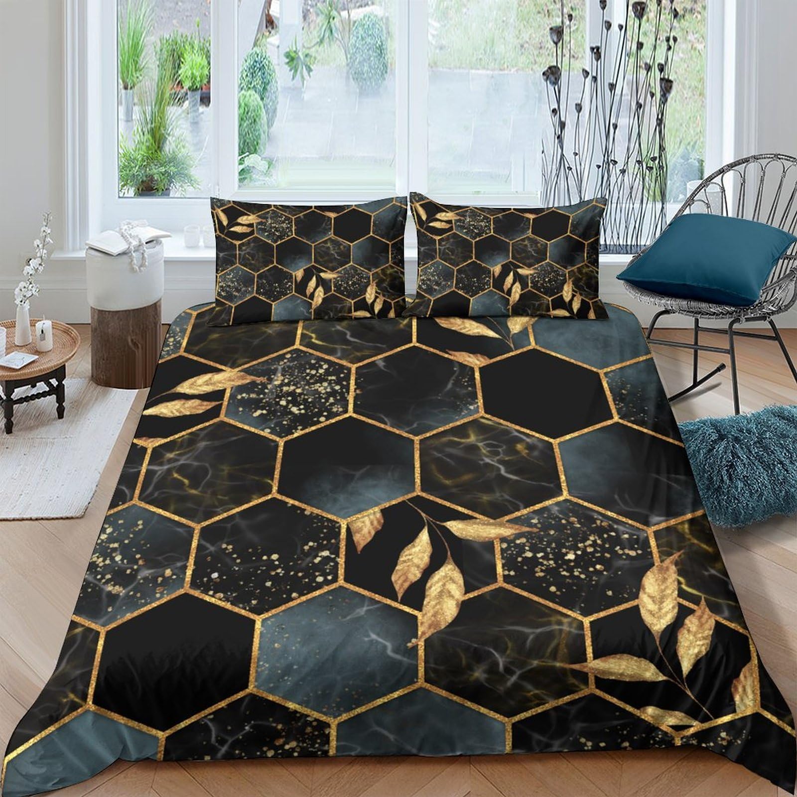 Ctjqhvkz Style-6 3D Printed Black Gold Marble Fitted Sheet Microfiber Soft Hexagon Leaf Bed Cover Washable For Bedroom Guest Room Decor Single（135X200cm）