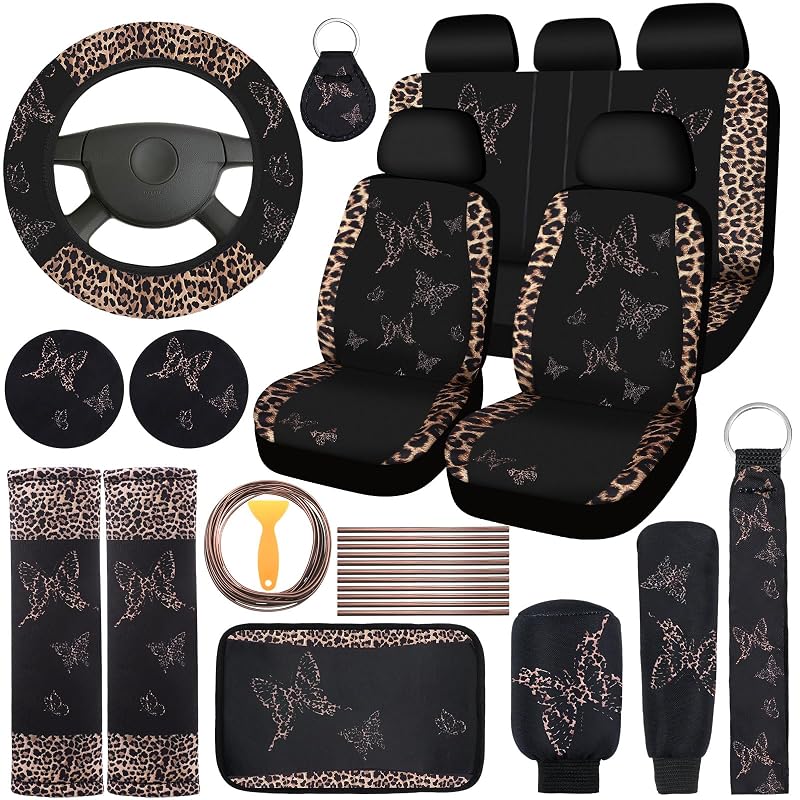 Kit de acessórios internos automotivos BBTO com estampa de leopardo marrom e borboletas, 43 peças