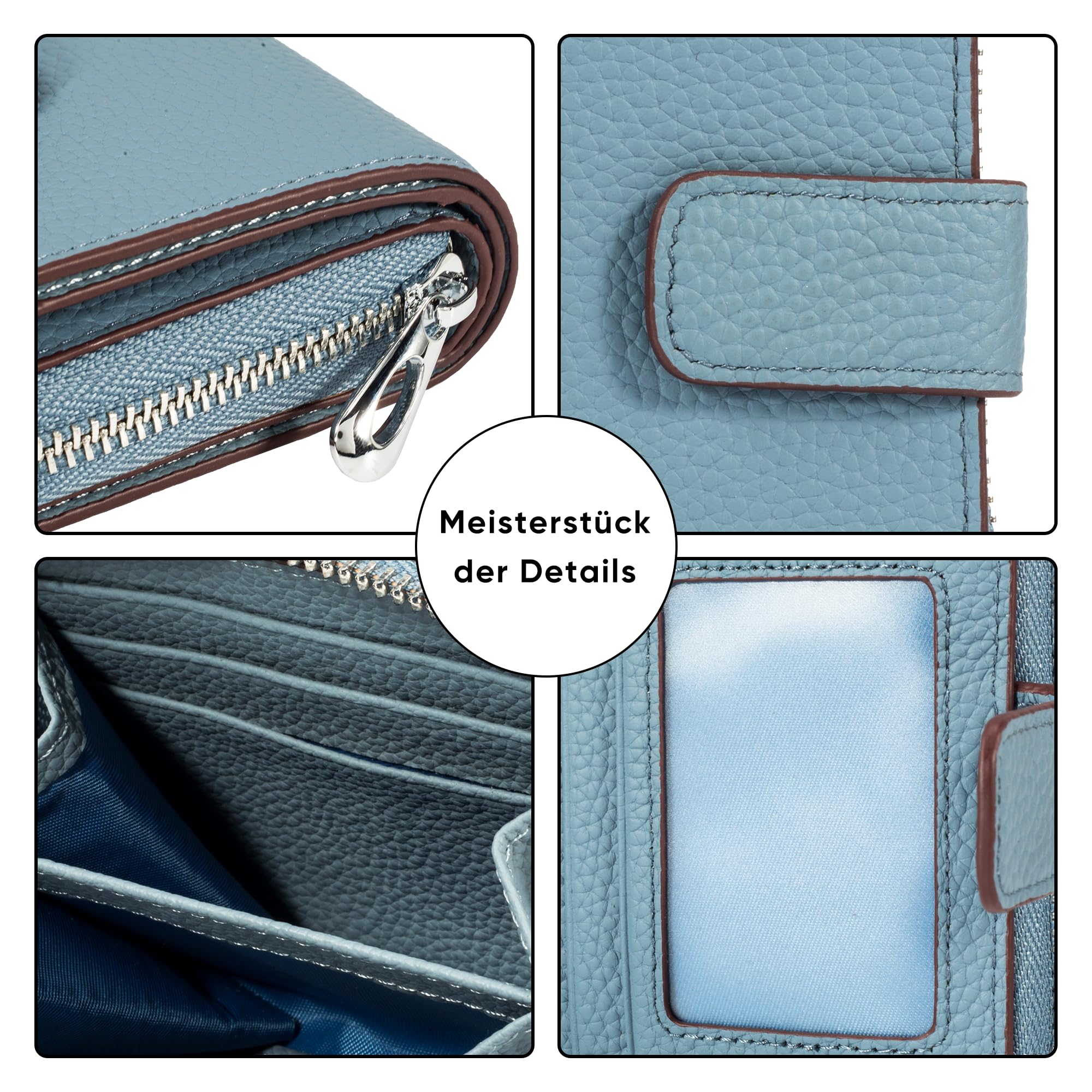 Geldbörse Damen mittelgroß aus Echtem Leder Slim RFID Portemonnaie mit 15 Kartenfächern und Münzfach Portmonee als Geschenkidee(Graublau)