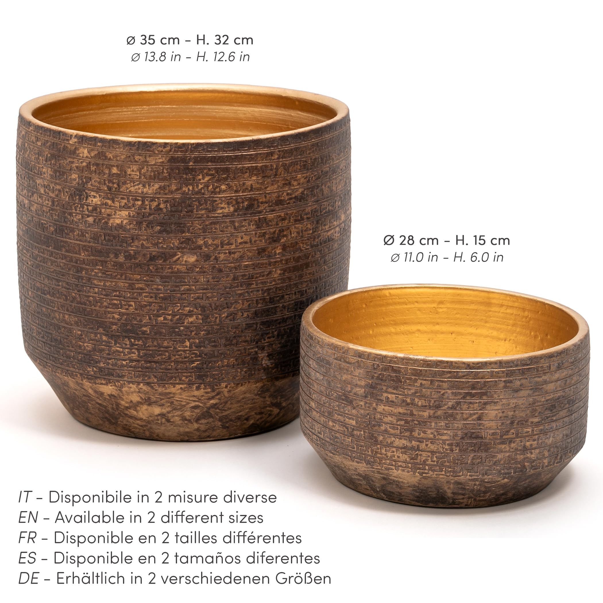 Grande e Elegante VASO in Terracotta | Vaso Decorativo Moderno per Piante, Fiori, Piante grasse, Piccoli Alberi | da Interno o Esterno. (Marrone/Oro, Ø35 - h.32cm)