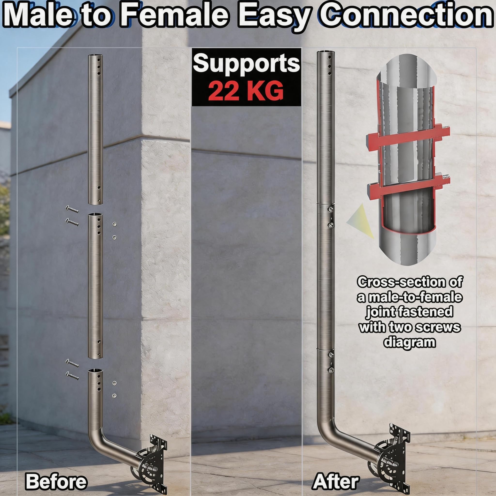 53" Regulowany uchwyt ścienny do anteny – 430 ze stali nierdzewnej J-Pole do Starlink (wymagany adapter), anten telewizyjnych, stacji pogodowych – średnica zewnętrzna 1,38" podstawa (srebrny)