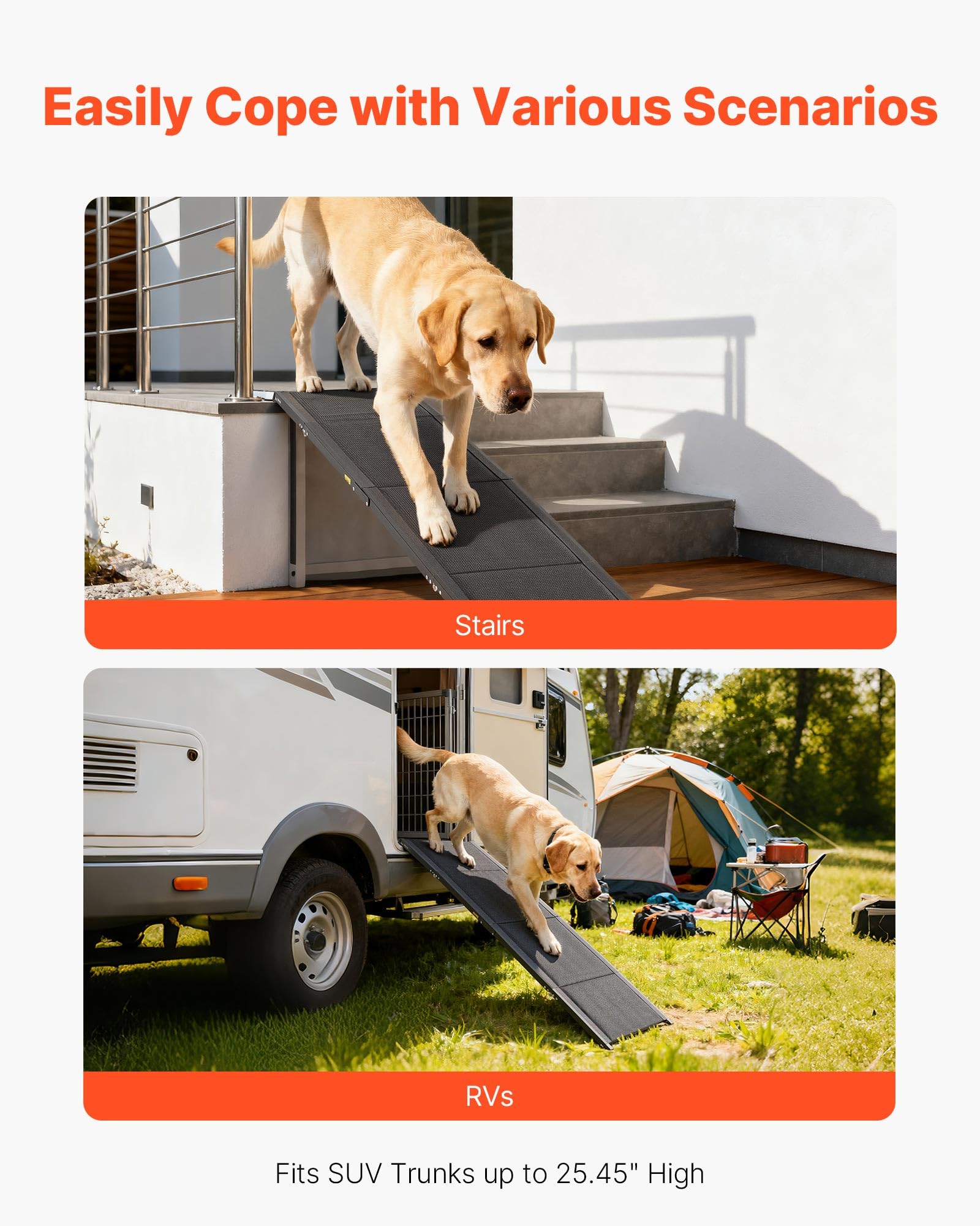 VEVOR Rampa para Perros, 180 x 50,8 cm, Plegable, para Perros Medianos y Grandes de hasta 113 kg, con Superficie de Tela Oxford Antideslizante, Portátil, para Exteriores, SUV y Camiones, Negro