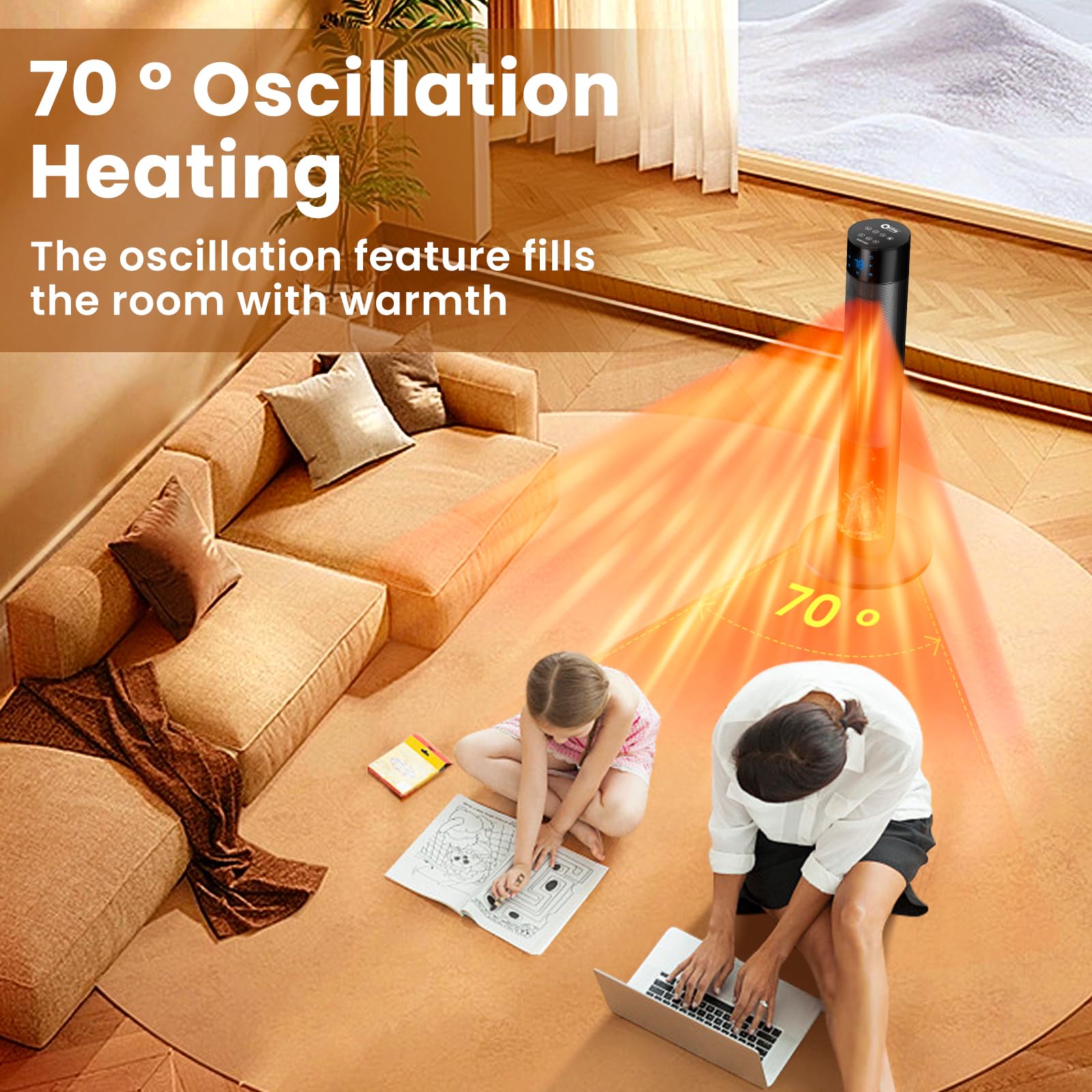 Calentador de espacio portátil de 1500 W con chimenea, cerámica PTC oscilante de 70°, termostato ajustable de 33.5 pulgadas, protección contra sobrecalentamiento y vuelco, calentamiento rápido 3