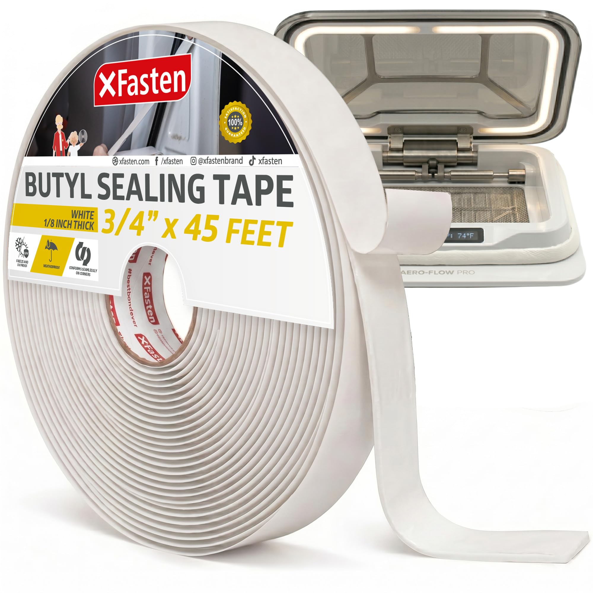 XFasten Cinta de sellado de butilo blanca – 1.5 pulgadas núcleo 1/8 pulgadas x 3/4 pulgadas x 45 pies, cinta de masilla de butilo EDPM, amortiguador de sonido, cinta de butilo automotriz RV, sellador