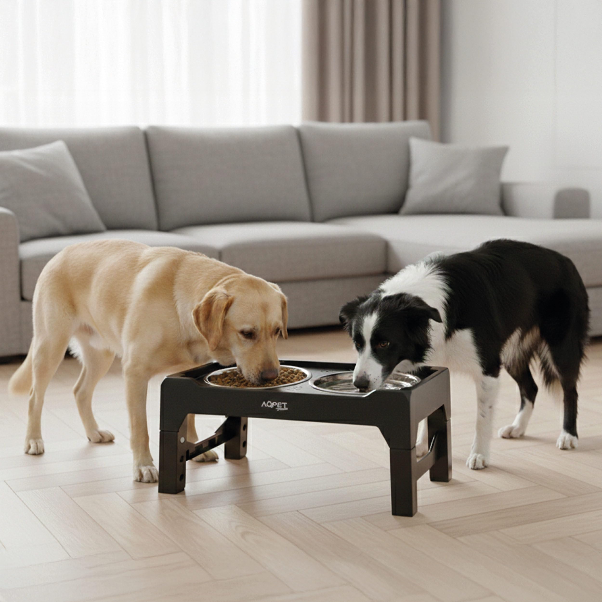 AqpetFriends Porta Ciotole Rialzato per Cani a 3 Livelli Regolabili – Supporto Antiscivolo 40x22x8-26h cm con 2 Ciotole in Acciaio Inox Ø14 cm – Migliora la Postura Durante il Pasto
