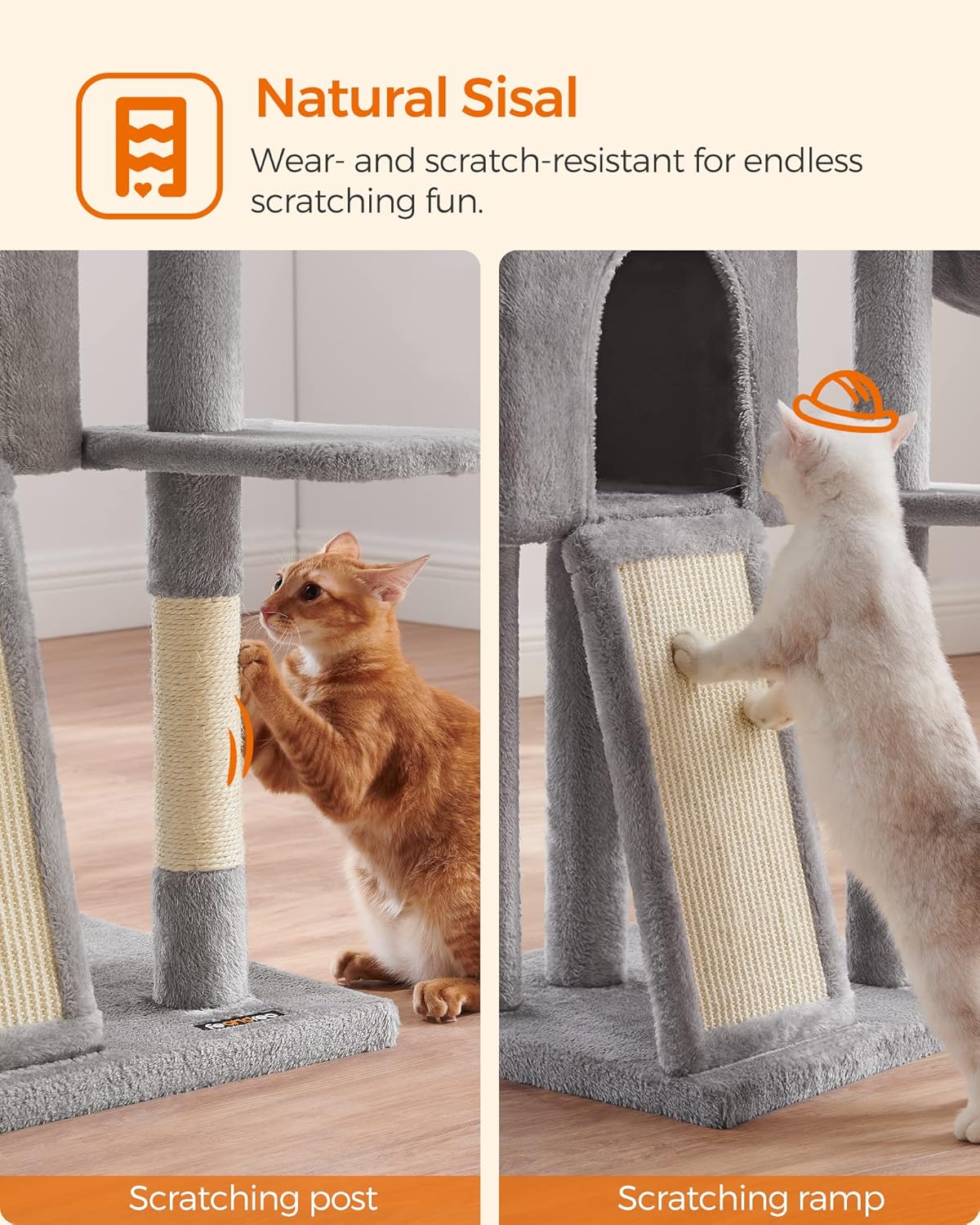 Two images demonstrating the natural sisal scratching post and scratching ramp, with cats actively using them.
